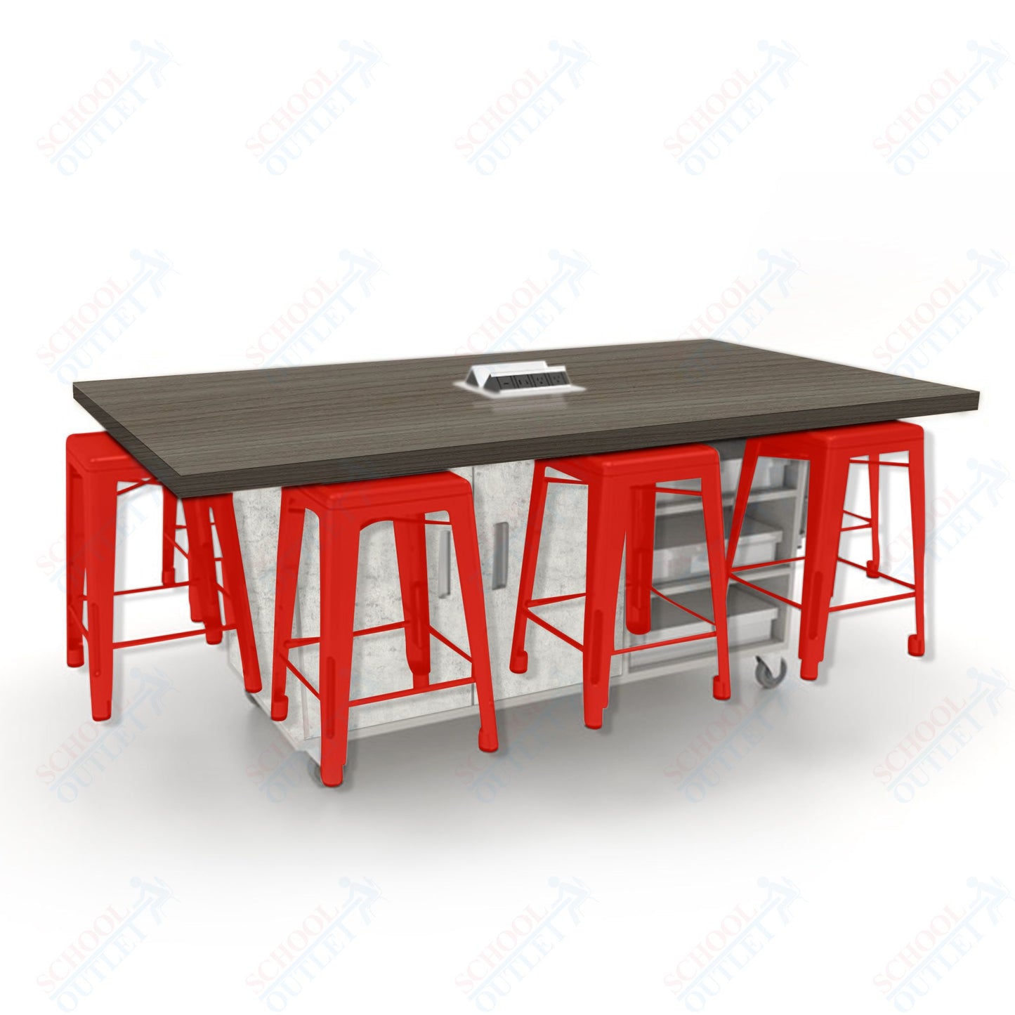 CEF ED8 Table 36"H High Pressure Laminate Top, Laminate Base with  8 Stools, Storage bins, and Electrical Outlets Included.