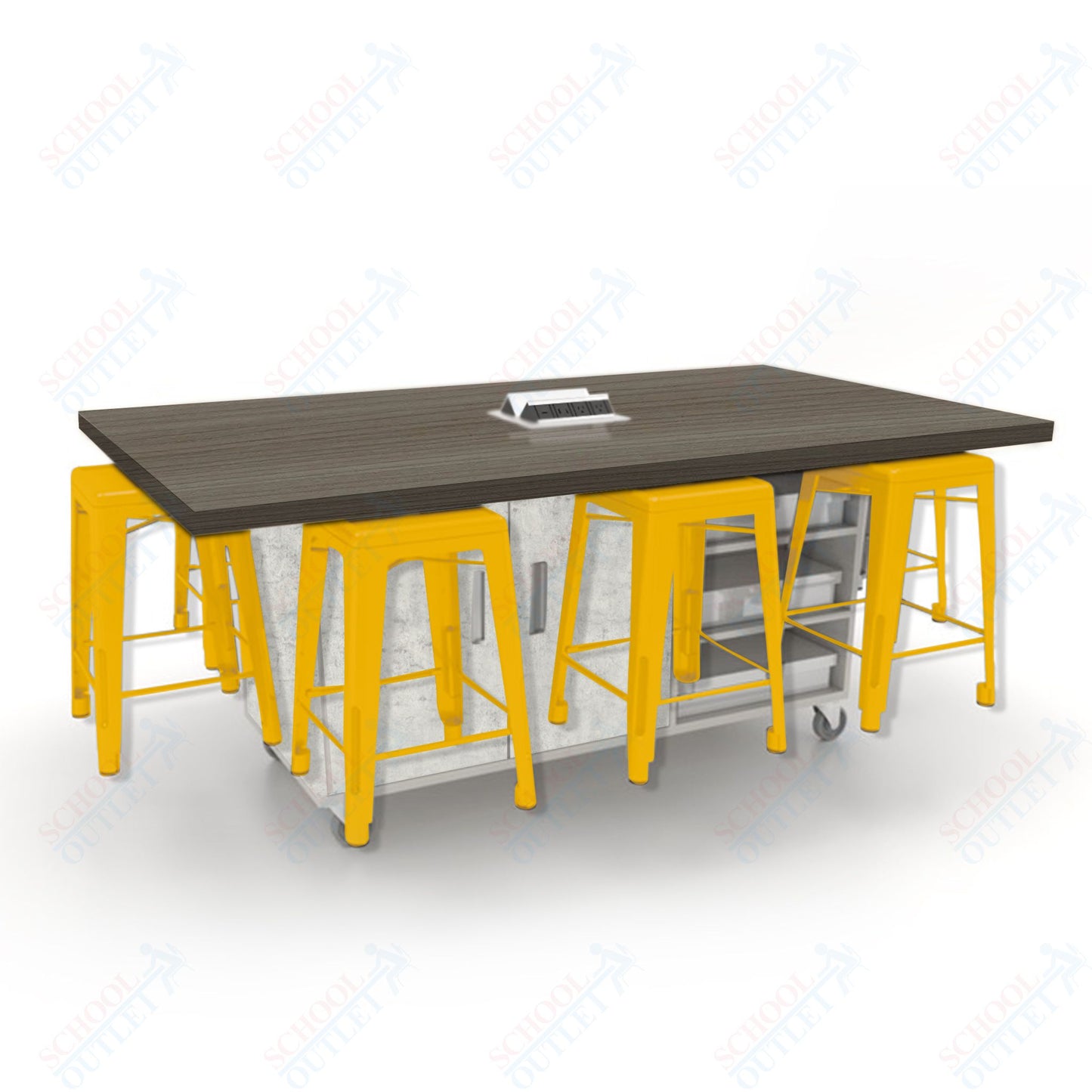 CEF ED8 Table 36"H High Pressure Laminate Top, Laminate Base with  8 Stools, Storage bins, and Electrical Outlets Included.