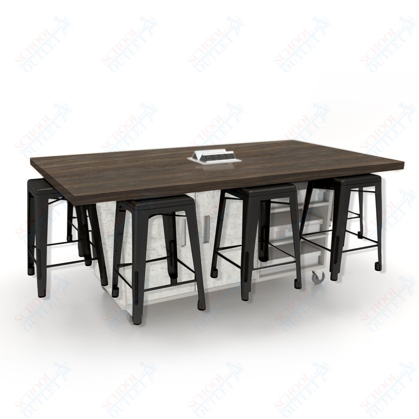 CEF ED8 Table 36"H High Pressure Laminate Top, Laminate Base with  8 Stools, Storage bins, and Electrical Outlets Included.