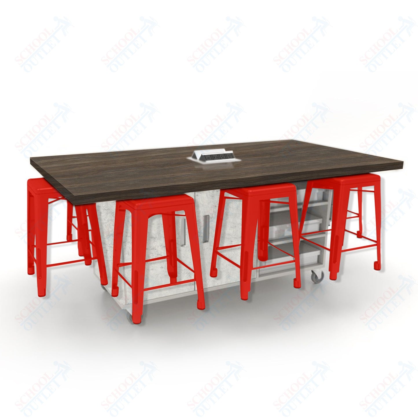 CEF ED8 Table 36"H High Pressure Laminate Top, Laminate Base with  8 Stools, Storage bins, and Electrical Outlets Included.