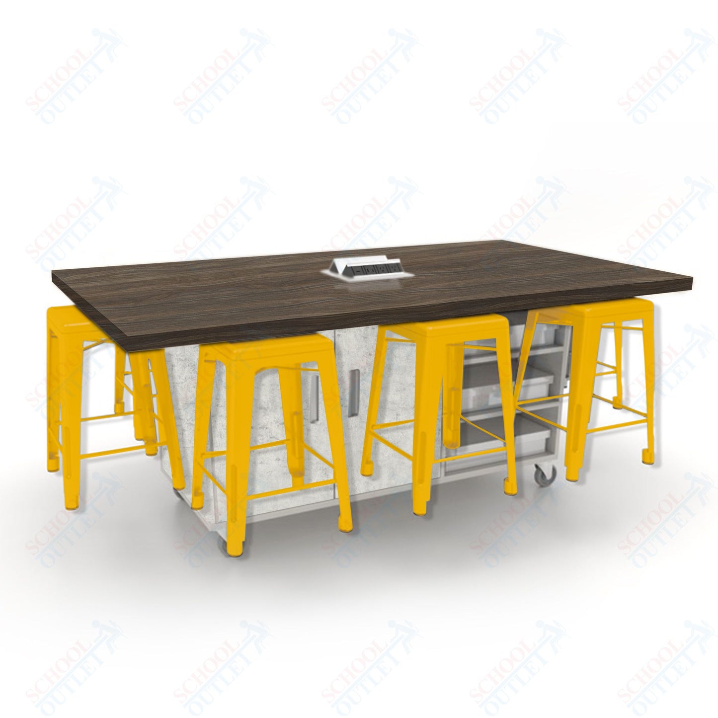 CEF ED8 Table 36"H High Pressure Laminate Top, Laminate Base with  8 Stools, Storage bins, and Electrical Outlets Included.