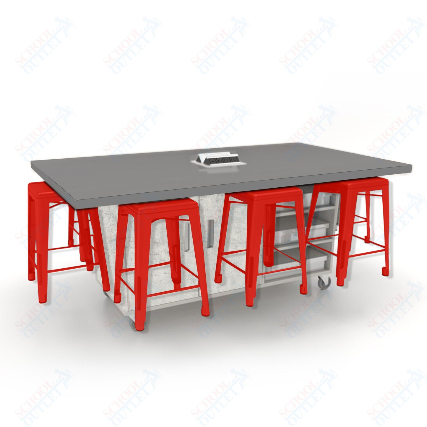 CEF ED8 Table 36"H High Pressure Laminate Top, Laminate Base with  8 Stools, Storage bins, and Electrical Outlets Included.