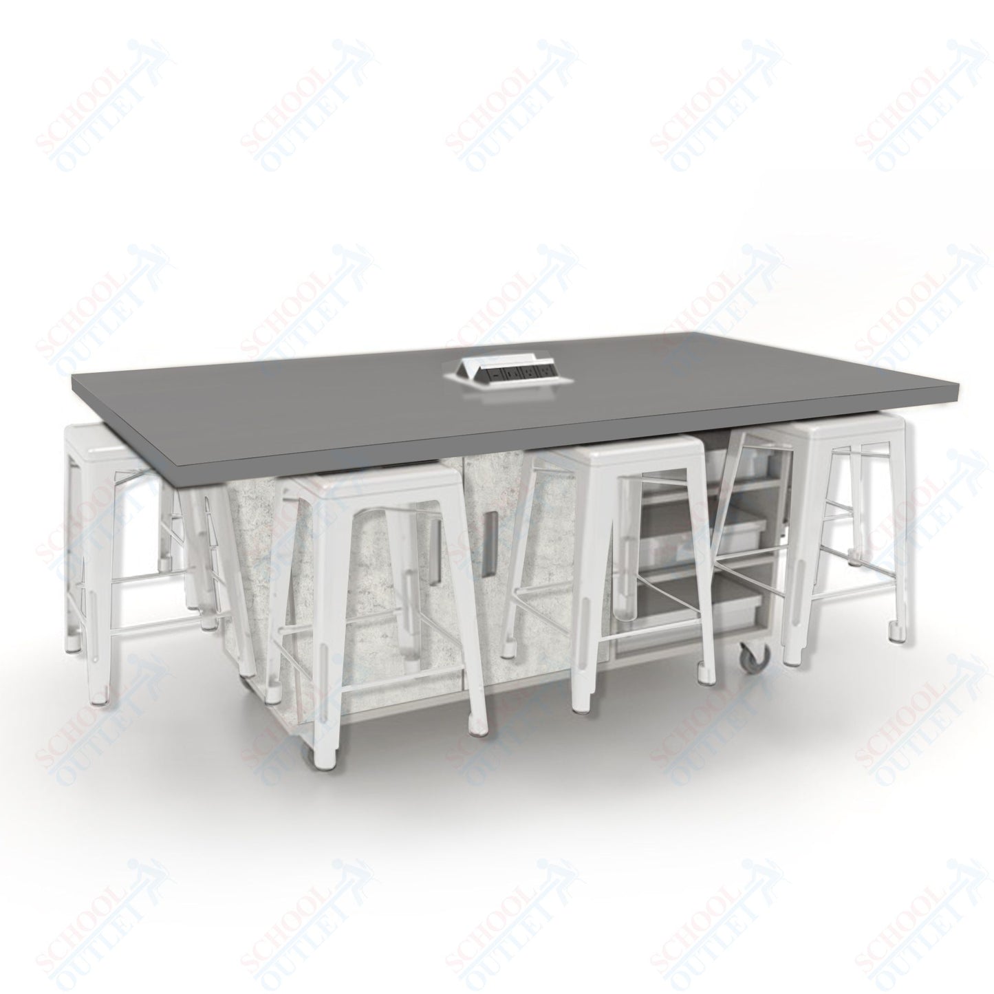 CEF ED8 Table 36"H High Pressure Laminate Top, Laminate Base with  8 Stools, Storage bins, and Electrical Outlets Included.