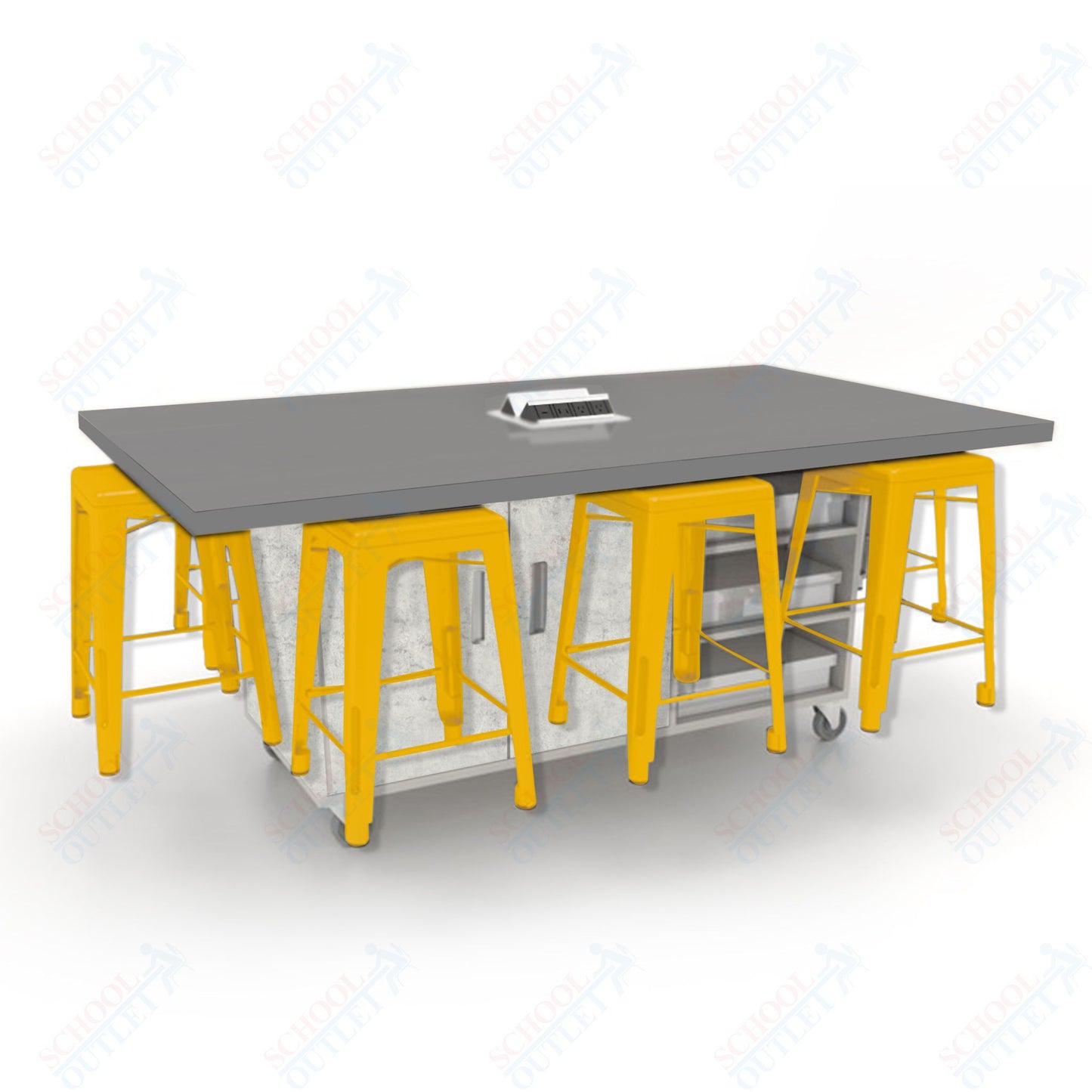 CEF ED8 Table 36"H High Pressure Laminate Top, Laminate Base with  8 Stools, Storage bins, and Electrical Outlets Included.