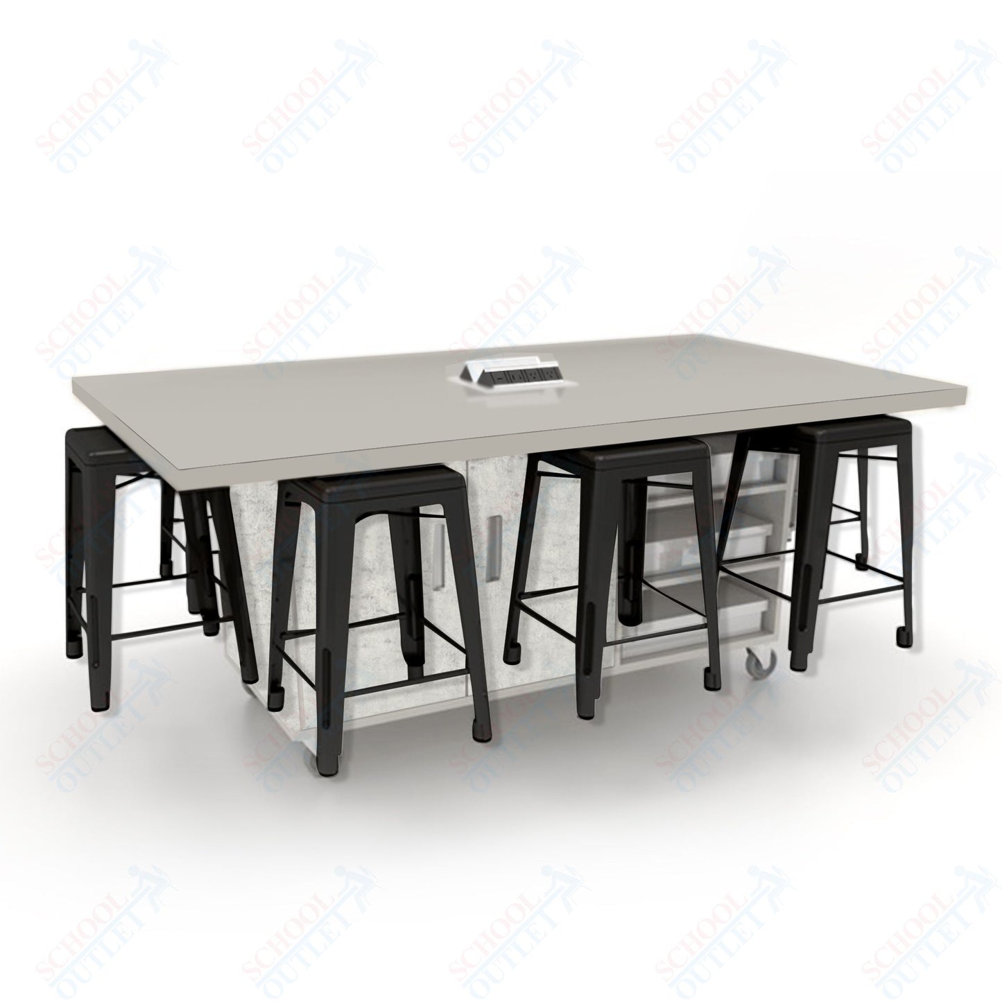 CEF ED8 Table 36"H High Pressure Laminate Top, Laminate Base with  8 Stools, Storage bins, and Electrical Outlets Included.