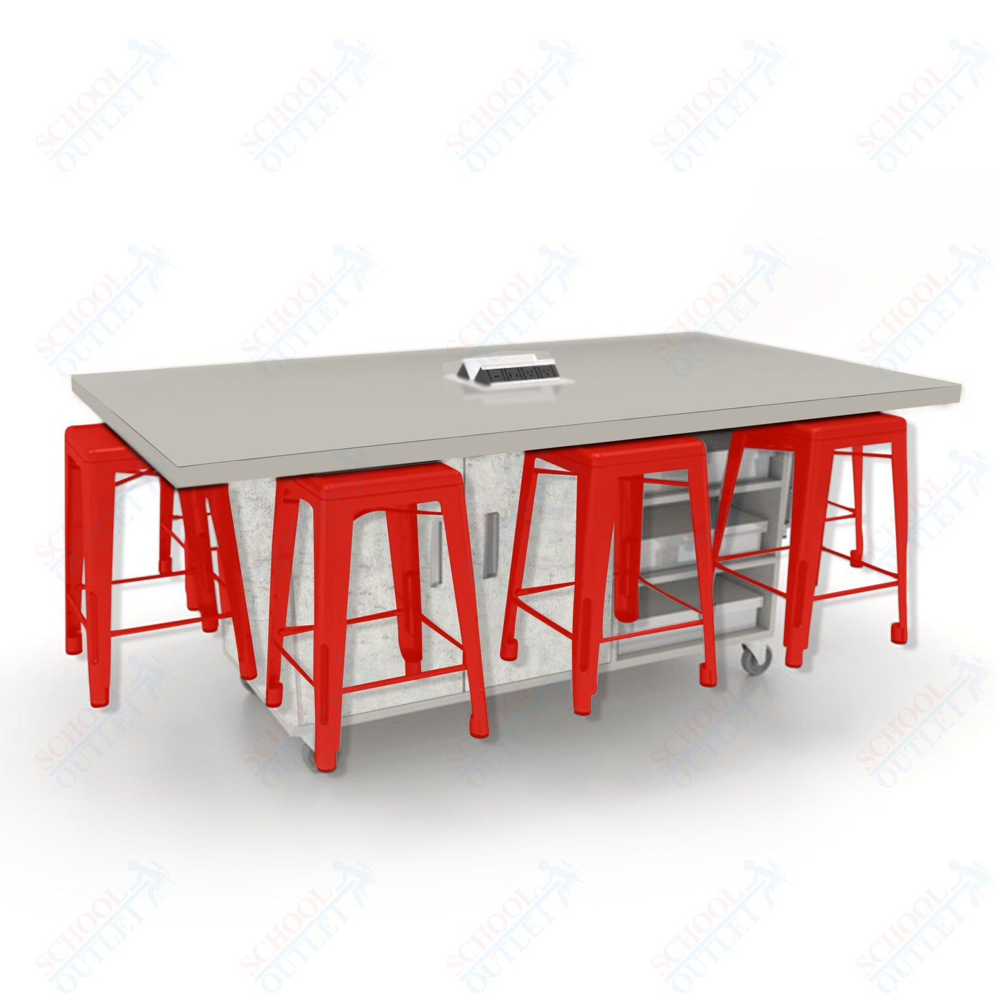 CEF ED8 Table 36"H High Pressure Laminate Top, Laminate Base with  8 Stools, Storage bins, and Electrical Outlets Included.