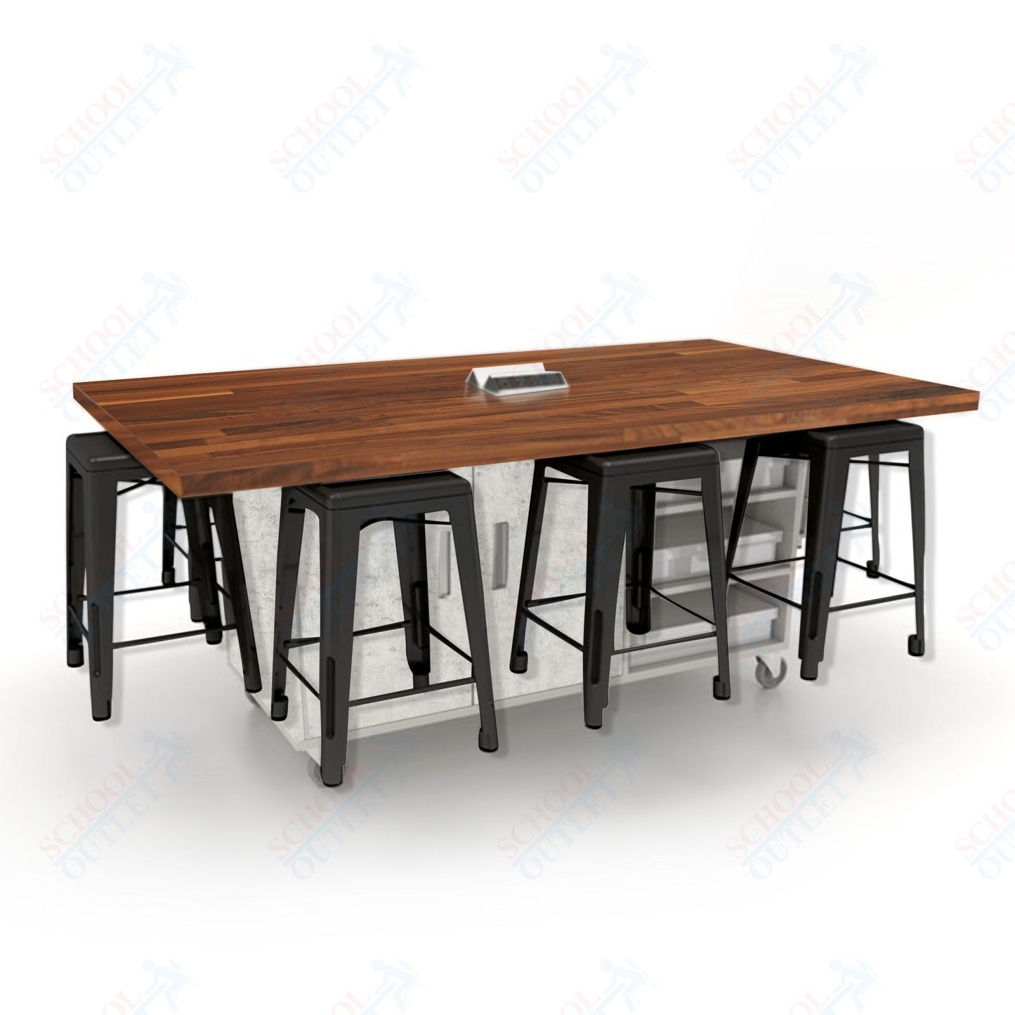 CEF ED8 Table 36"H Butcher Block Top, Laminate Base with  8 Stools, Storage bins, and Electrical Outlets Included.