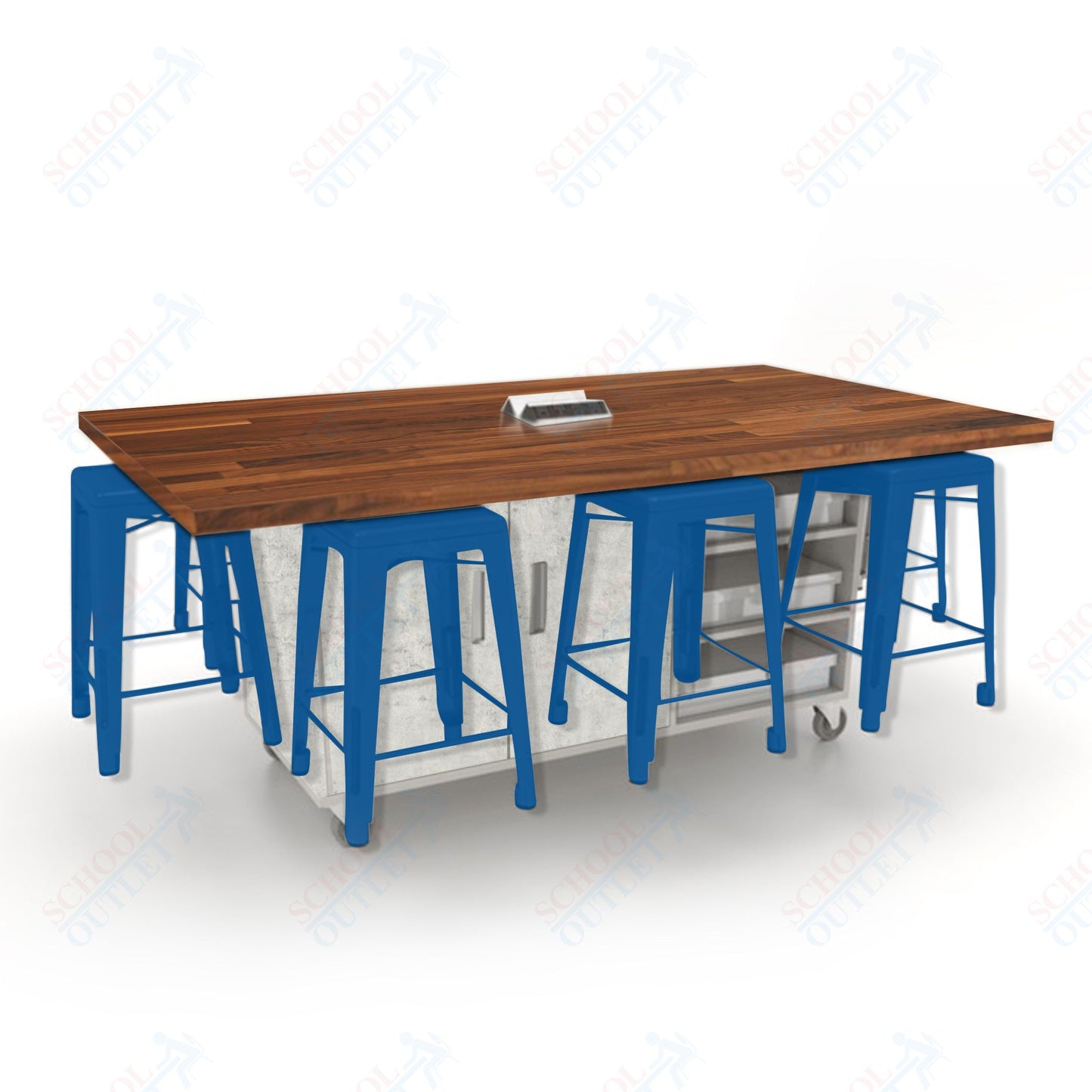 CEF ED8 Table 36"H Butcher Block Top, Laminate Base with  8 Stools, Storage bins, and Electrical Outlets Included.