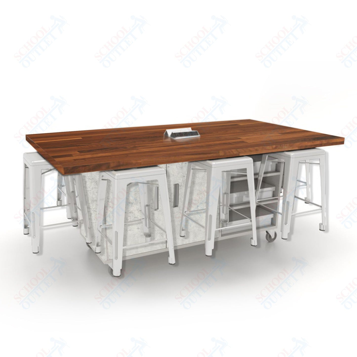 CEF ED8 Table 36"H Butcher Block Top, Laminate Base with  8 Stools, Storage bins, and Electrical Outlets Included.