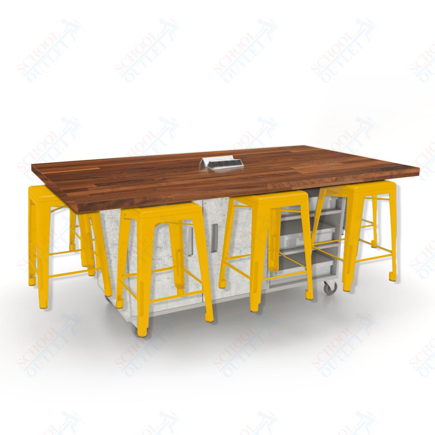 CEF ED8 Table 36"H Butcher Block Top, Laminate Base with  8 Stools, Storage bins, and Electrical Outlets Included.