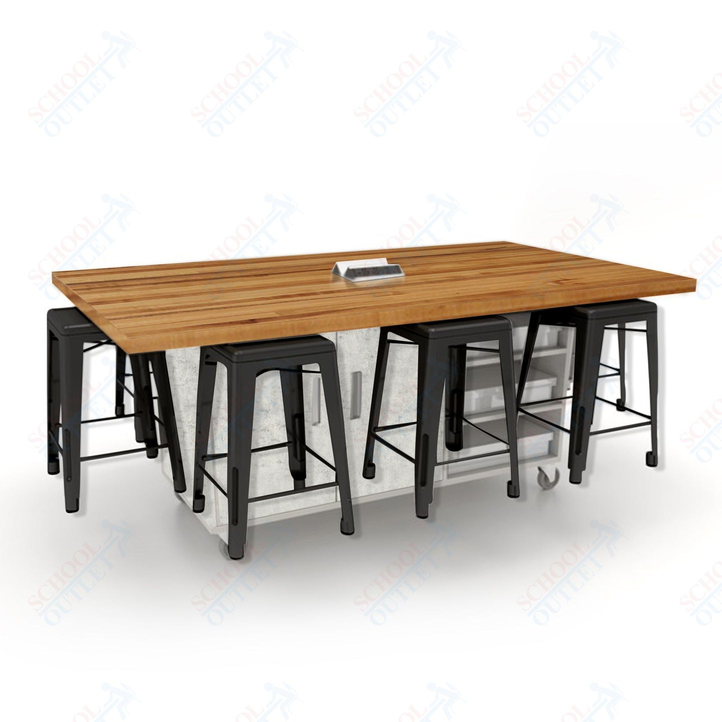 CEF ED8 Table 36"H Butcher Block Top, Laminate Base with  8 Stools, Storage bins, and Electrical Outlets Included.