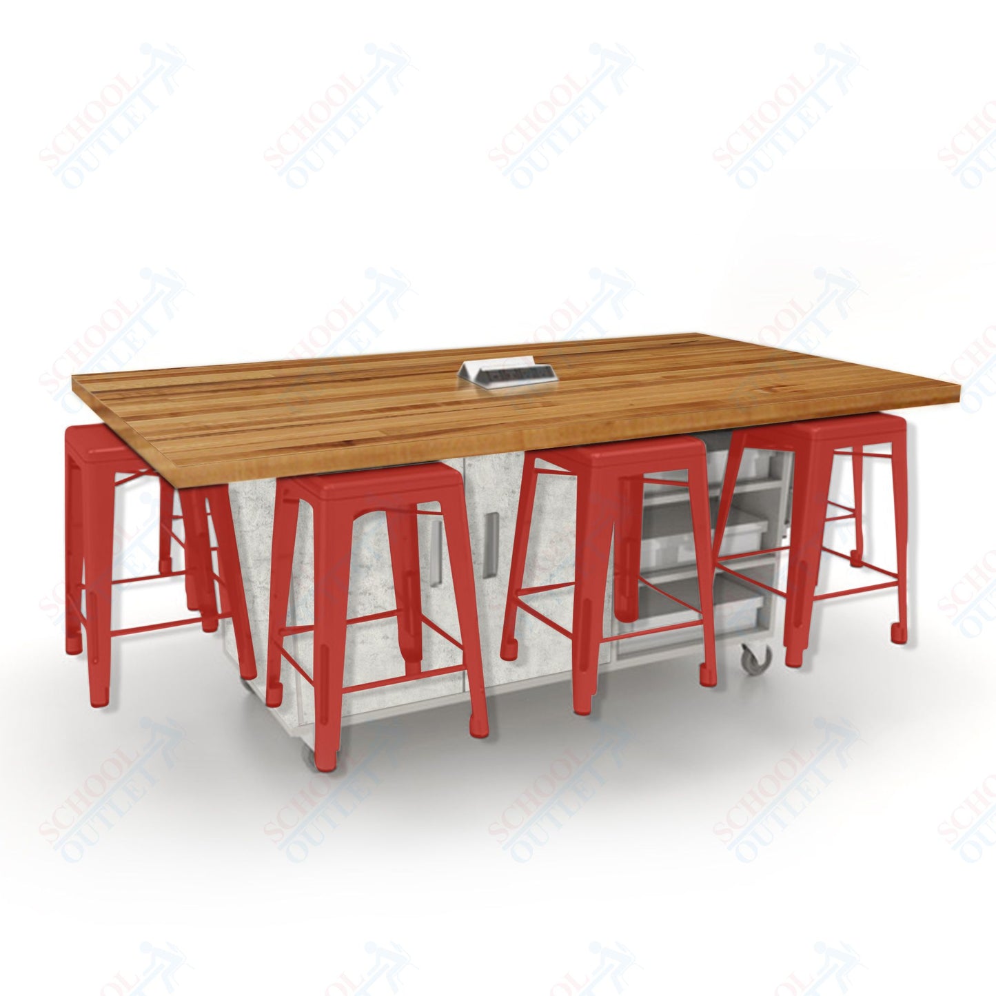 CEF ED8 Table 36"H Butcher Block Top, Laminate Base with  8 Stools, Storage bins, and Electrical Outlets Included.