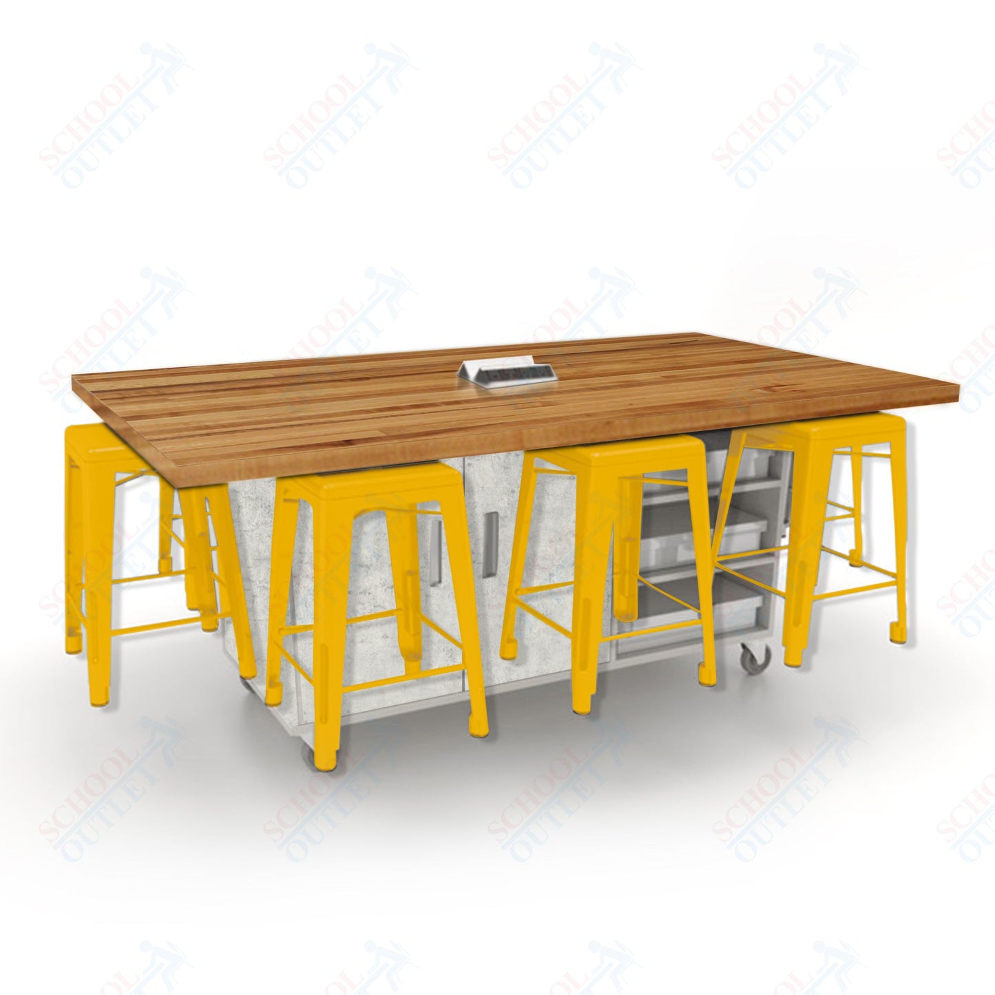 CEF ED8 Table 36"H Butcher Block Top, Laminate Base with  8 Stools, Storage bins, and Electrical Outlets Included.