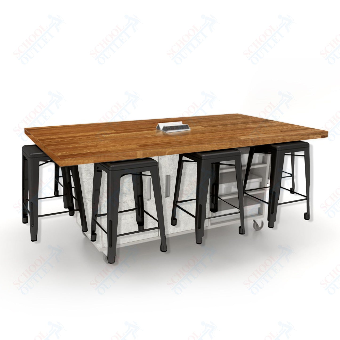 CEF ED8 Table 36"H Butcher Block Top, Laminate Base with  8 Stools, Storage bins, and Electrical Outlets Included.