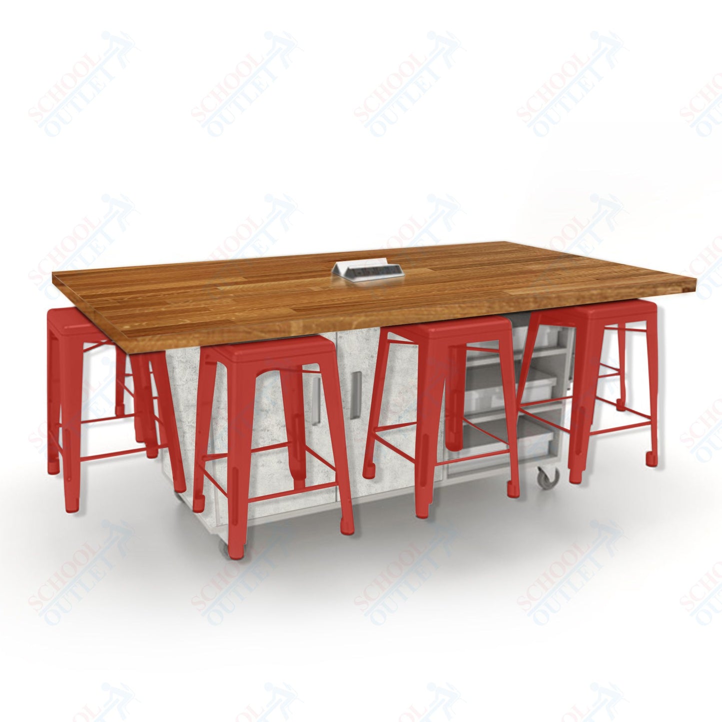 CEF ED8 Table 36"H Butcher Block Top, Laminate Base with  8 Stools, Storage bins, and Electrical Outlets Included.