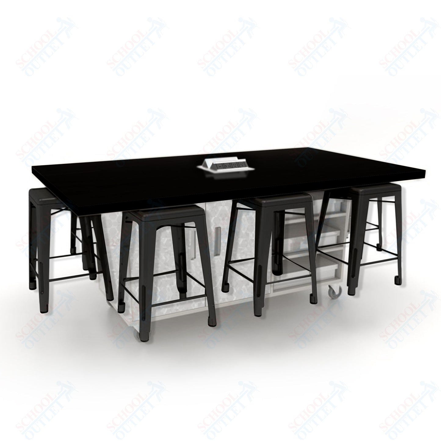 CEF ED8 Table 36"H High Pressure Laminate Top, Laminate Base with  8 Stools, Storage bins, and Electrical Outlets Included.