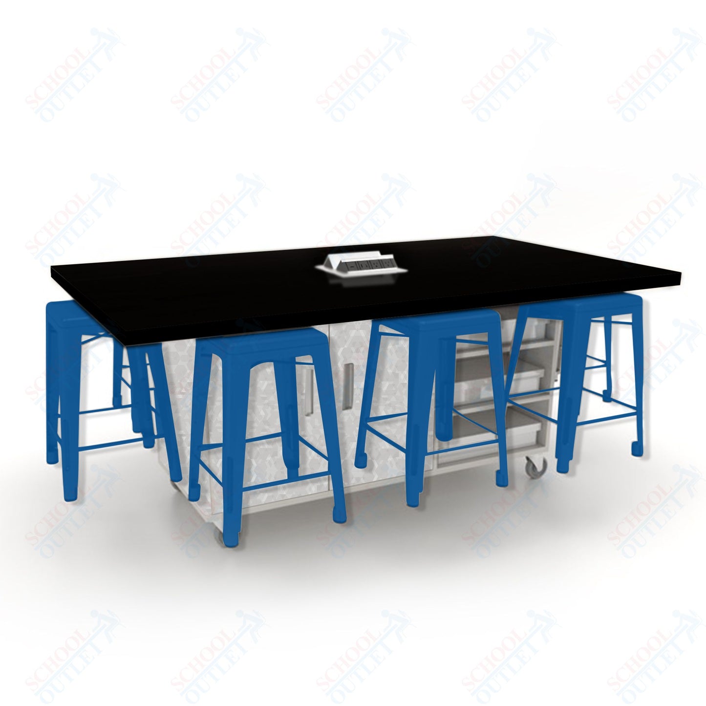 CEF ED8 Table 36"H High Pressure Laminate Top, Laminate Base with  8 Stools, Storage bins, and Electrical Outlets Included.