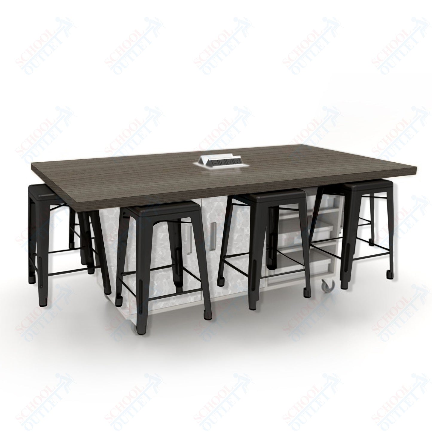 CEF ED8 Table 36"H High Pressure Laminate Top, Laminate Base with  8 Stools, Storage bins, and Electrical Outlets Included.