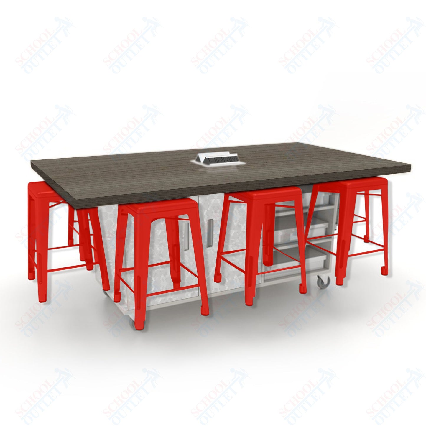 CEF ED8 Table 36"H High Pressure Laminate Top, Laminate Base with  8 Stools, Storage bins, and Electrical Outlets Included.