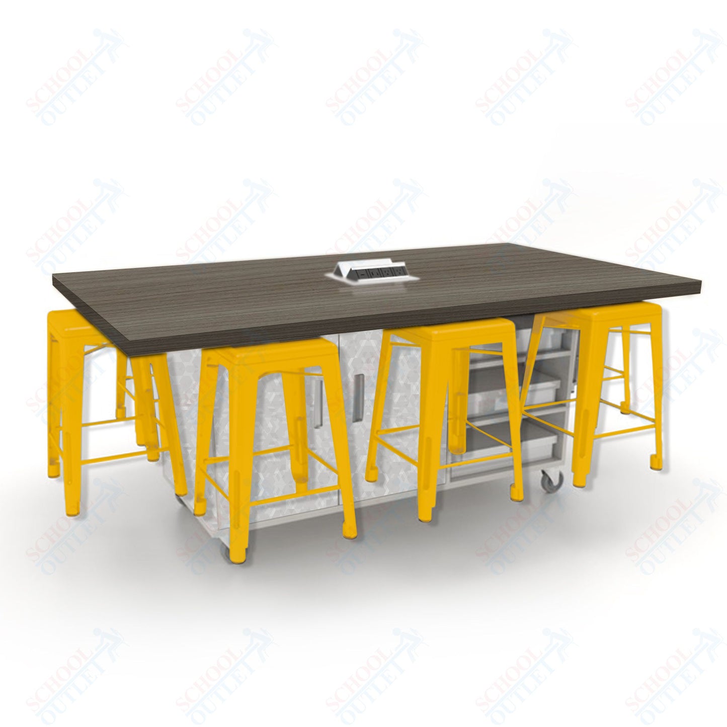 CEF ED8 Table 36"H High Pressure Laminate Top, Laminate Base with  8 Stools, Storage bins, and Electrical Outlets Included.