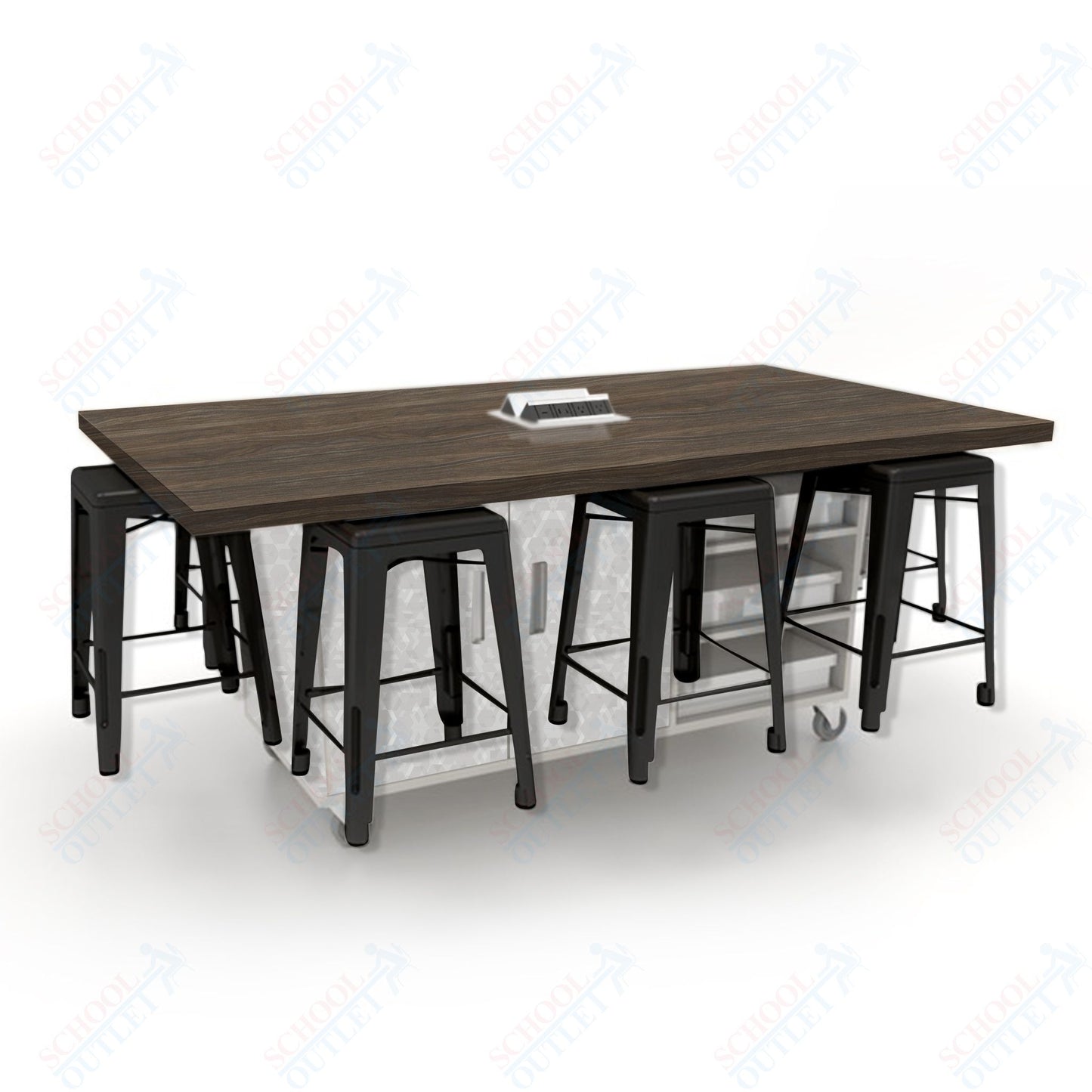 CEF ED8 Table 36"H High Pressure Laminate Top, Laminate Base with  8 Stools, Storage bins, and Electrical Outlets Included.