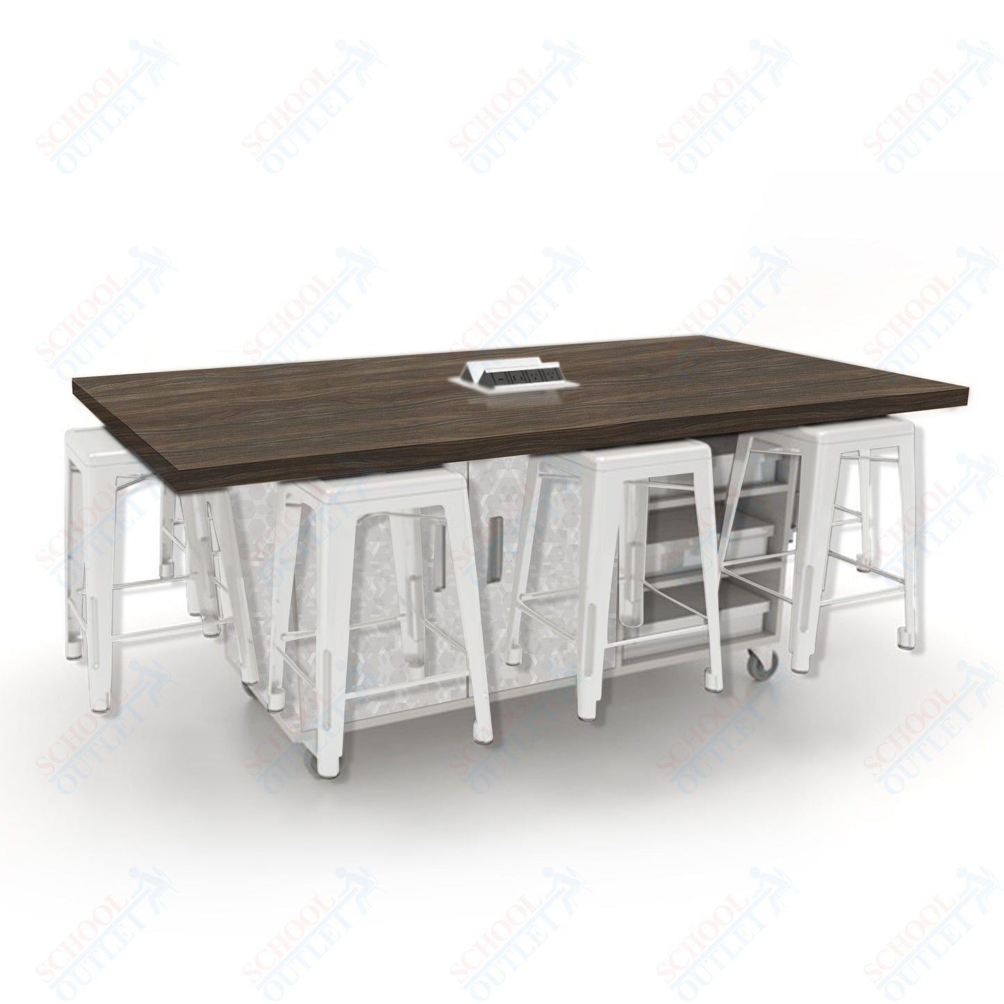 CEF ED8 Table 36"H High Pressure Laminate Top, Laminate Base with  8 Stools, Storage bins, and Electrical Outlets Included.