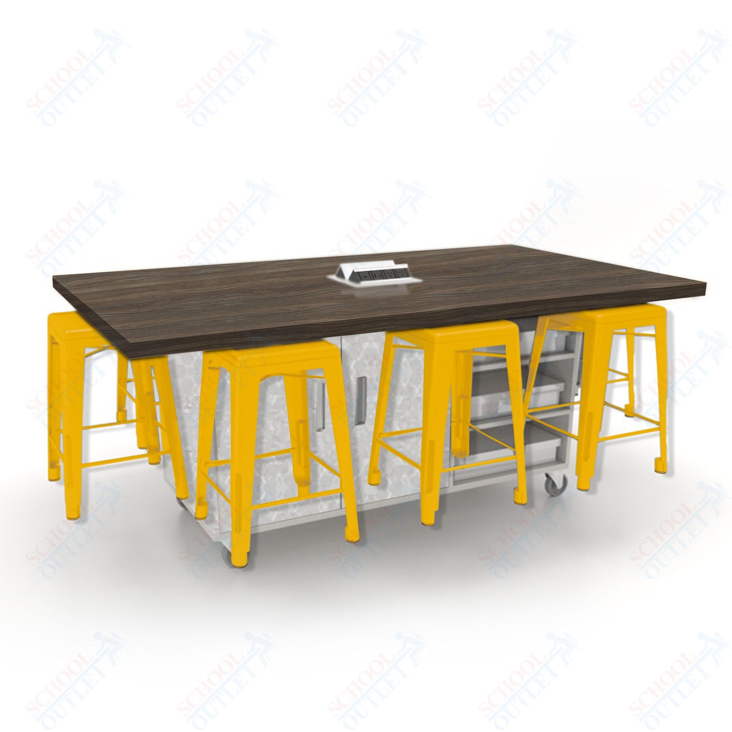 CEF ED8 Table 36"H High Pressure Laminate Top, Laminate Base with  8 Stools, Storage bins, and Electrical Outlets Included.