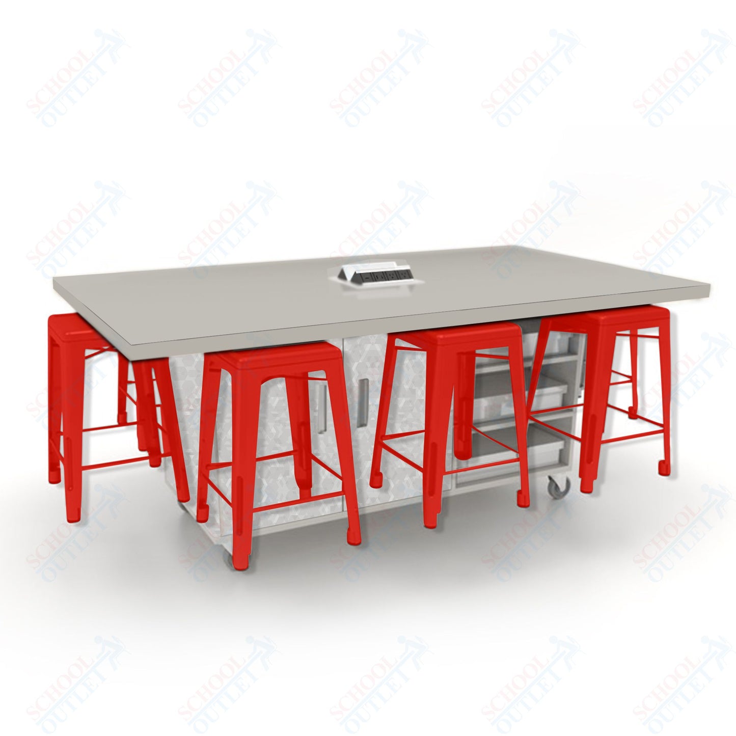 CEF ED8 Table 36"H High Pressure Laminate Top, Laminate Base with  8 Stools, Storage bins, and Electrical Outlets Included.