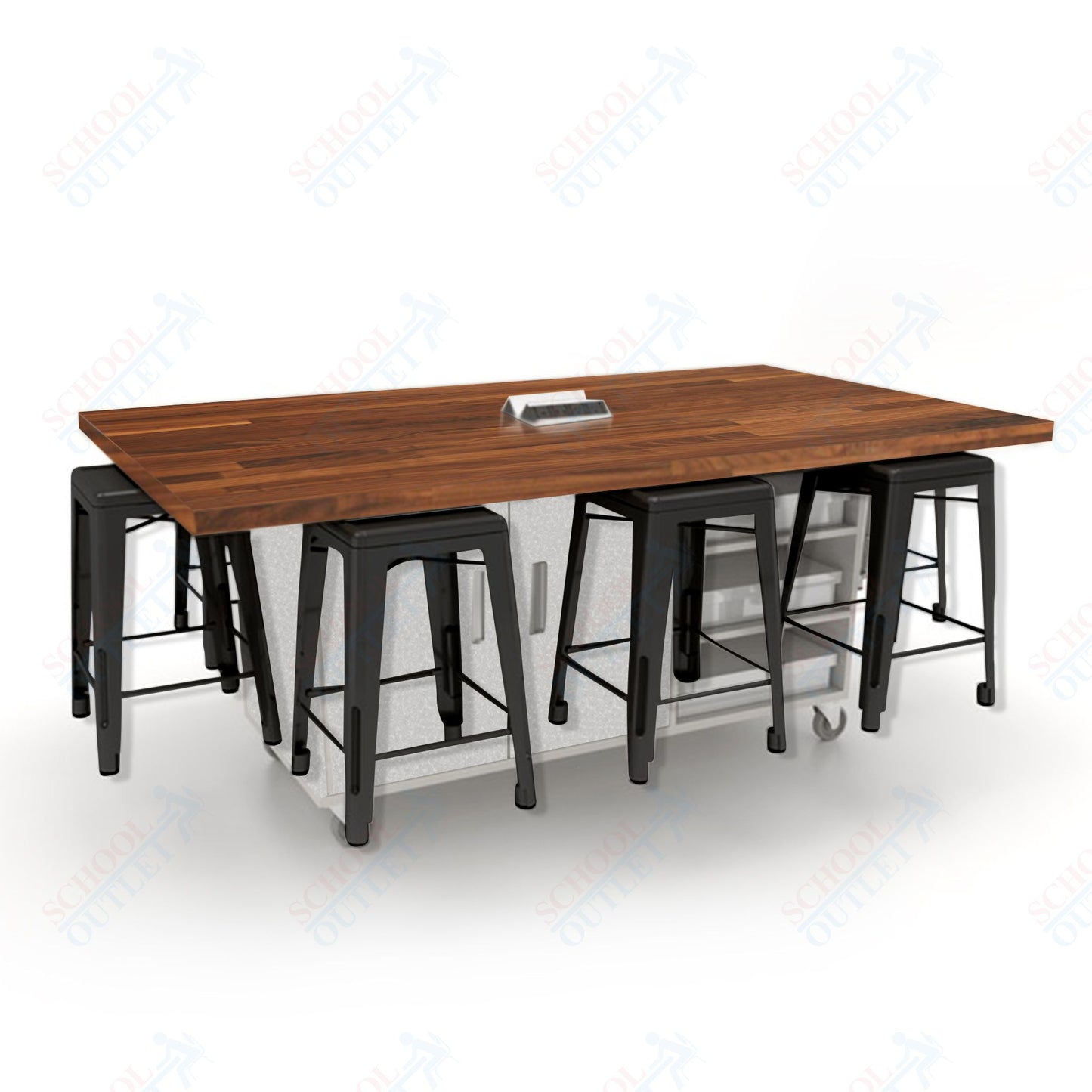 CEF ED8 Table 36"H Butcher Block Top, Laminate Base with  8 Stools, Storage bins, and Electrical Outlets Included.