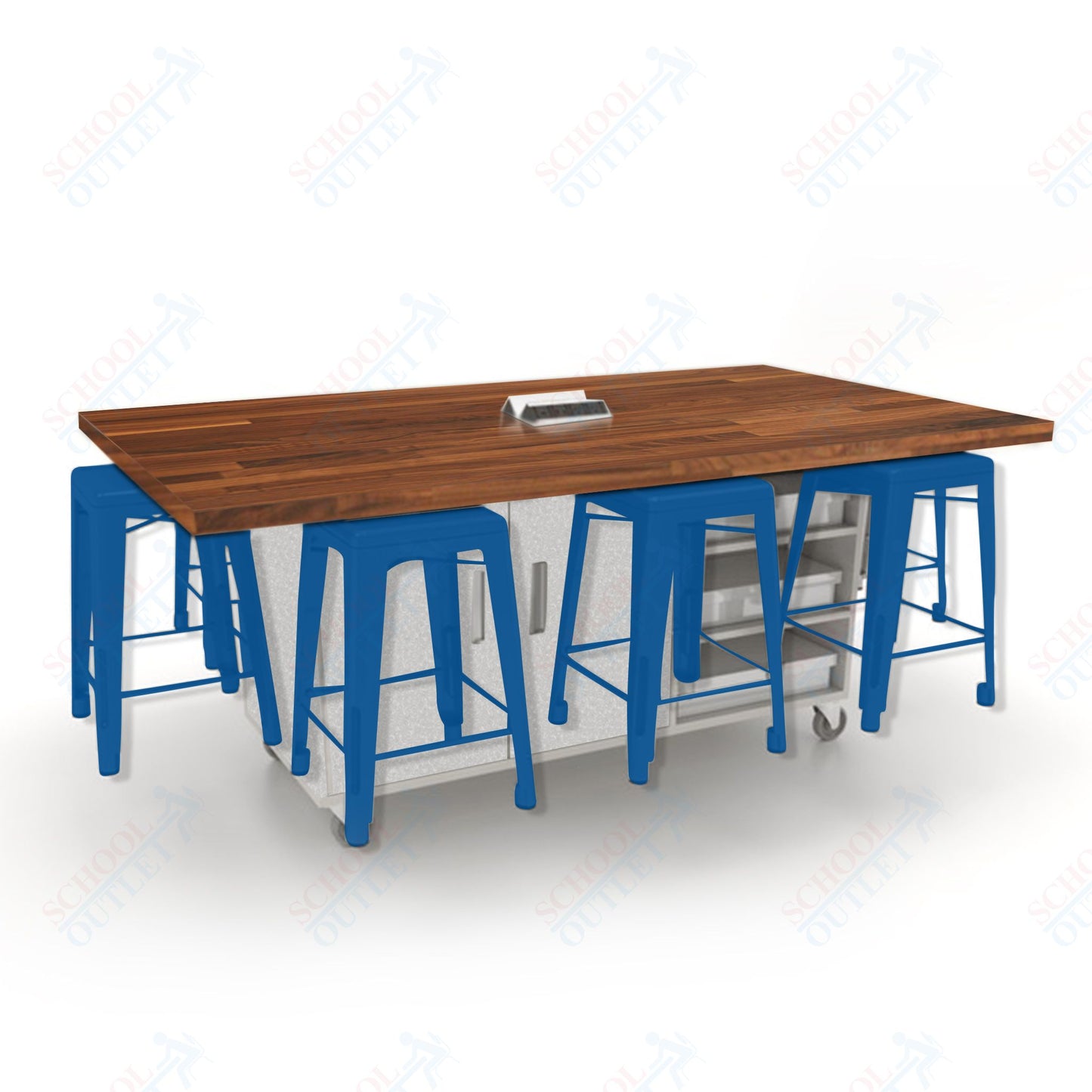 CEF ED8 Table 36"H Butcher Block Top, Laminate Base with  8 Stools, Storage bins, and Electrical Outlets Included.