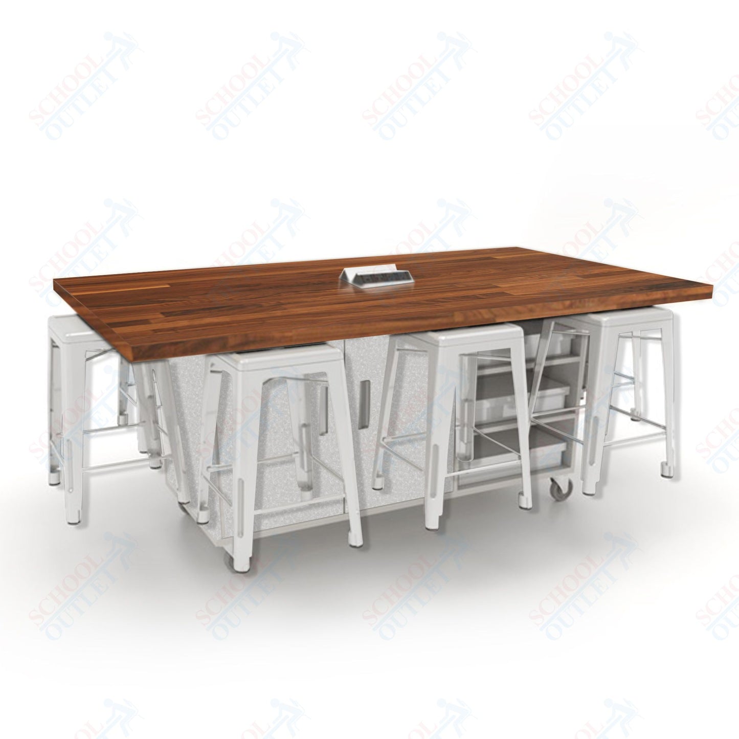 CEF ED8 Table 36"H Butcher Block Top, Laminate Base with  8 Stools, Storage bins, and Electrical Outlets Included.