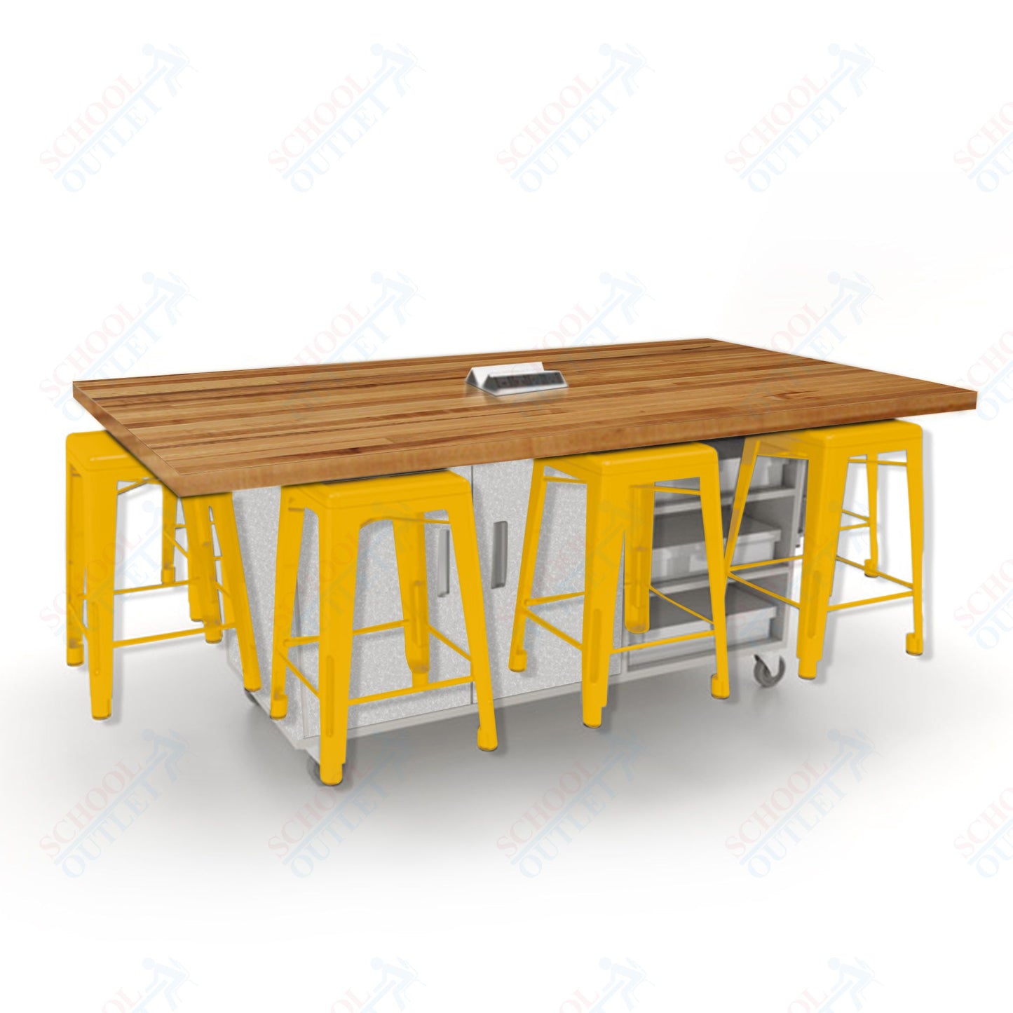 CEF ED8 Table 36"H Butcher Block Top, Laminate Base with  8 Stools, Storage bins, and Electrical Outlets Included.