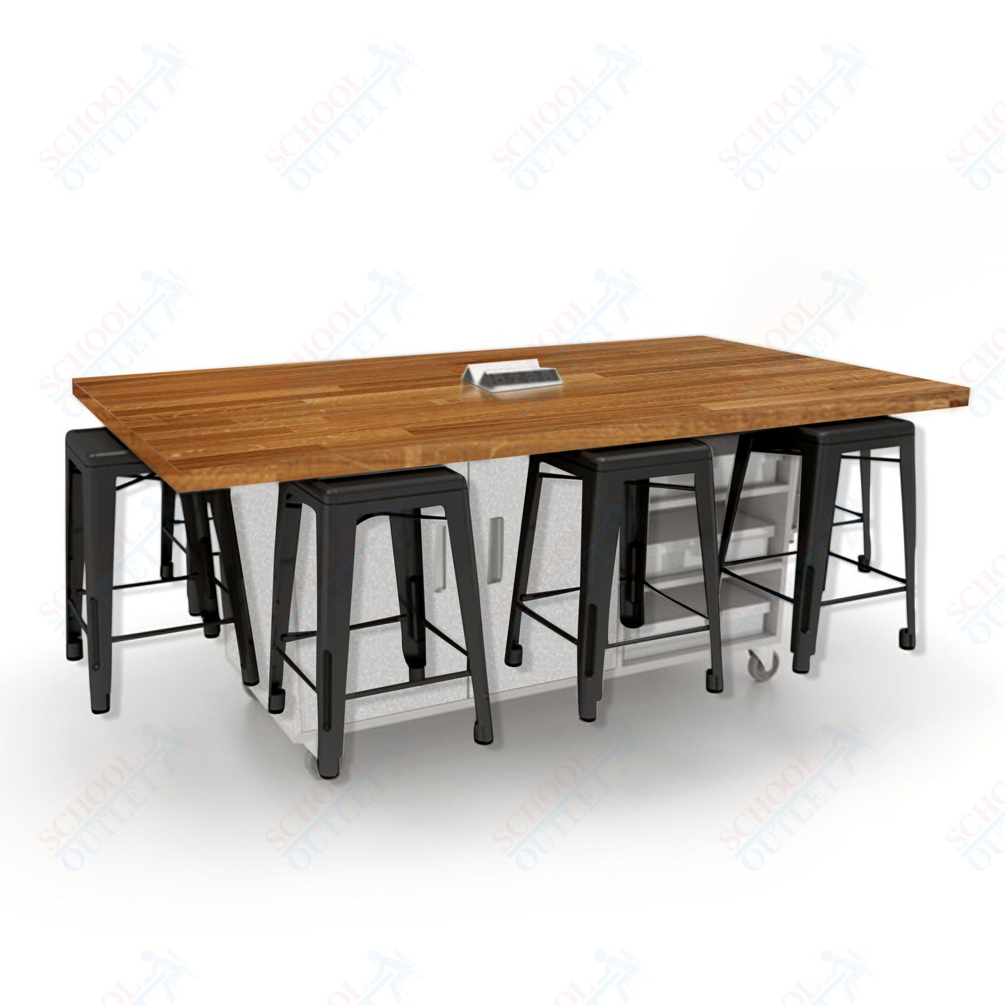 CEF ED8 Table 36"H Butcher Block Top, Laminate Base with  8 Stools, Storage bins, and Electrical Outlets Included.