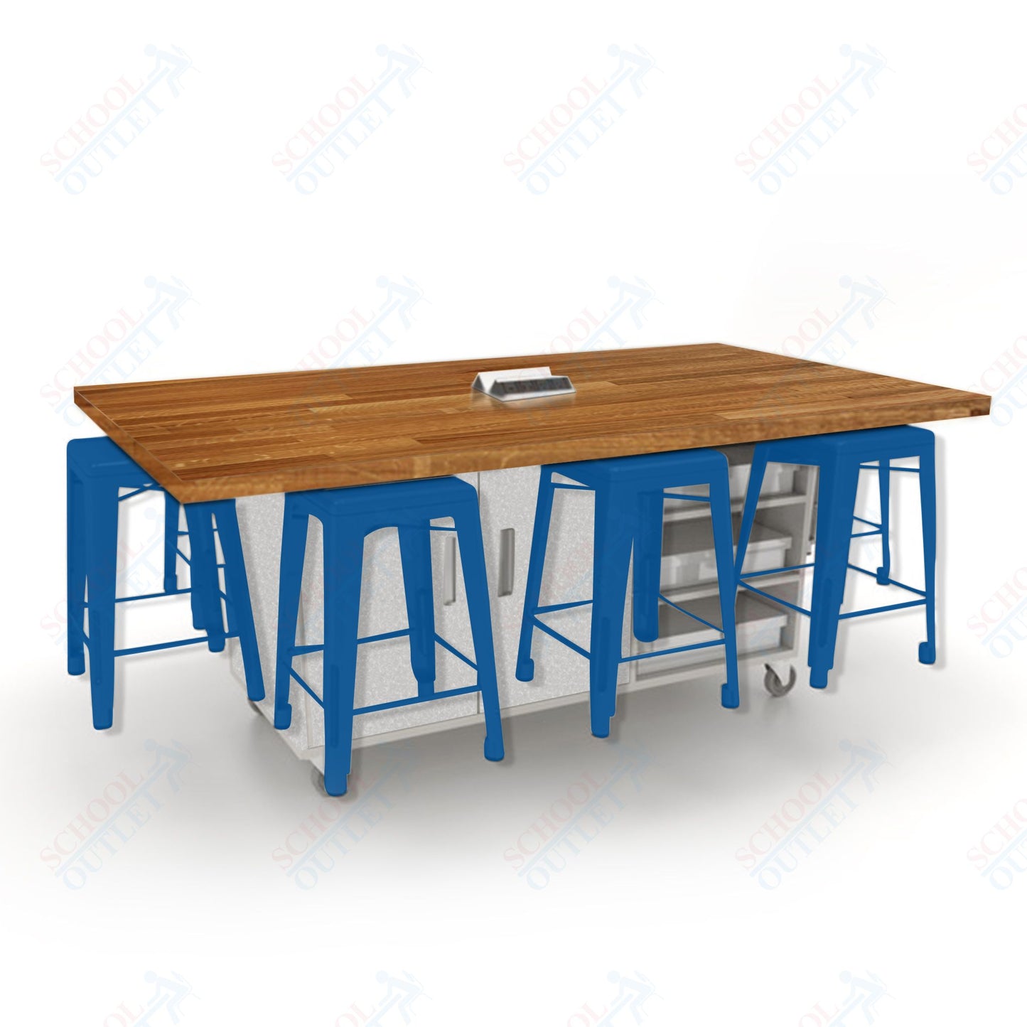 CEF ED8 Table 36"H Butcher Block Top, Laminate Base with  8 Stools, Storage bins, and Electrical Outlets Included.