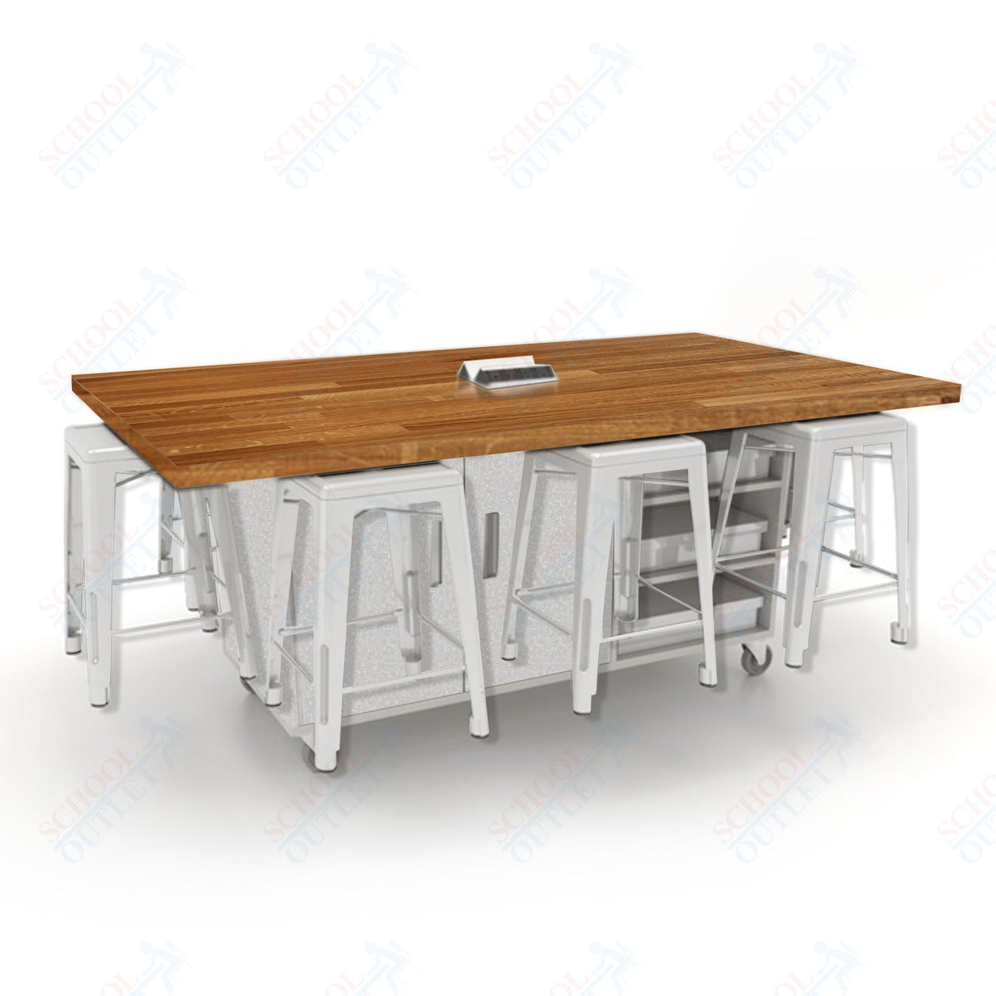 CEF ED8 Table 36"H Butcher Block Top, Laminate Base with  8 Stools, Storage bins, and Electrical Outlets Included.