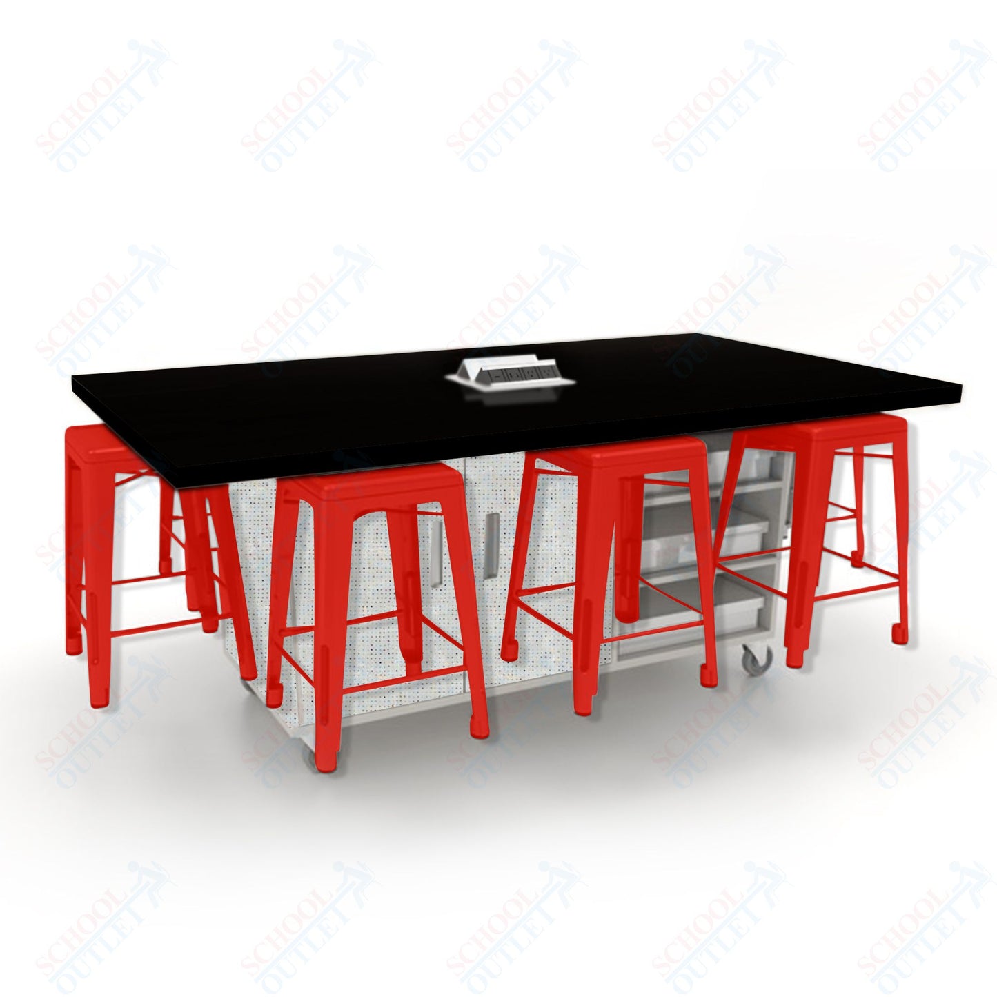 CEF ED8 Table 36"H High Pressure Laminate Top, Laminate Base with  8 Stools, Storage bins, and Electrical Outlets Included.