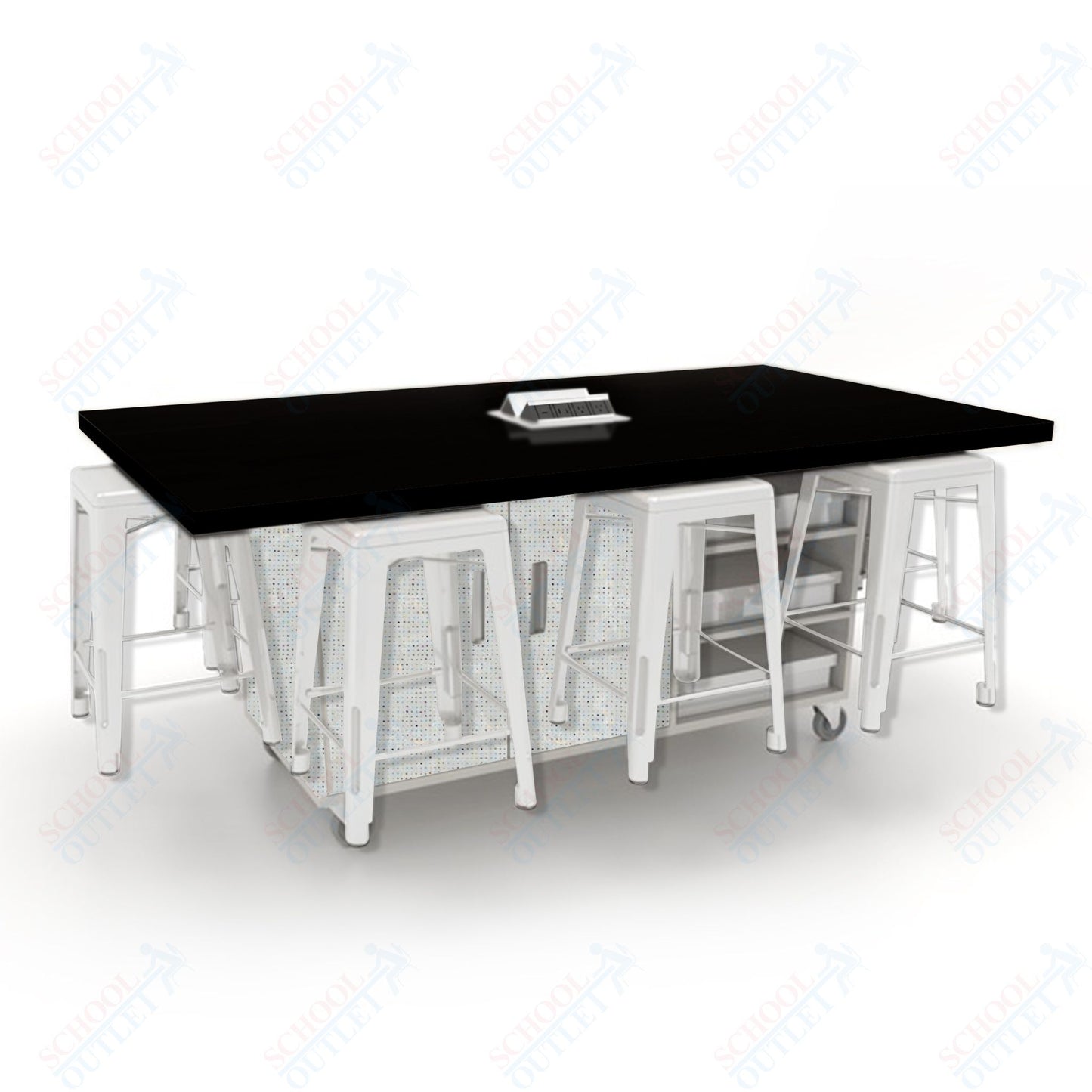 CEF ED8 Table 36"H High Pressure Laminate Top, Laminate Base with  8 Stools, Storage bins, and Electrical Outlets Included.