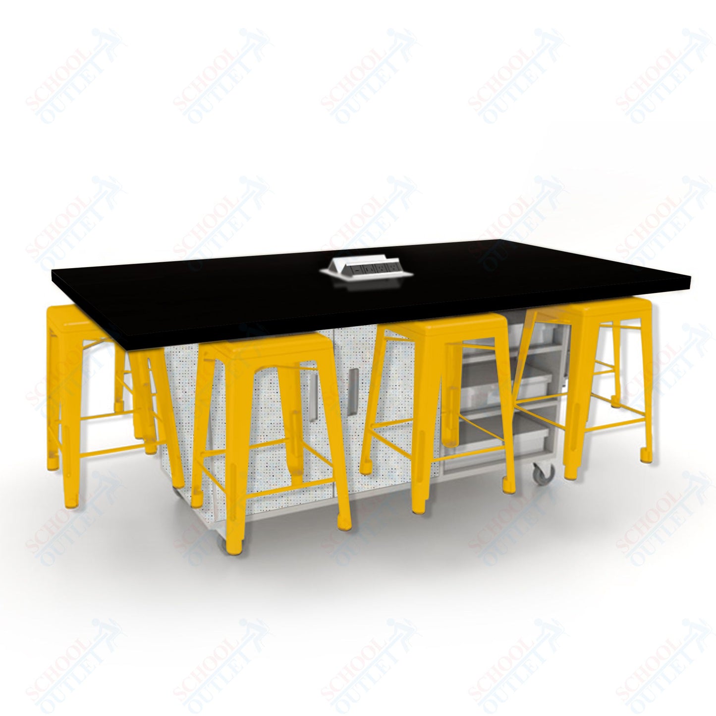 CEF ED8 Table 36"H High Pressure Laminate Top, Laminate Base with  8 Stools, Storage bins, and Electrical Outlets Included.