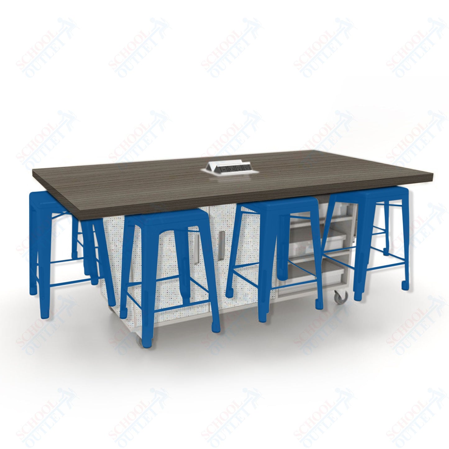 CEF ED8 Table 36"H High Pressure Laminate Top, Laminate Base with  8 Stools, Storage bins, and Electrical Outlets Included.