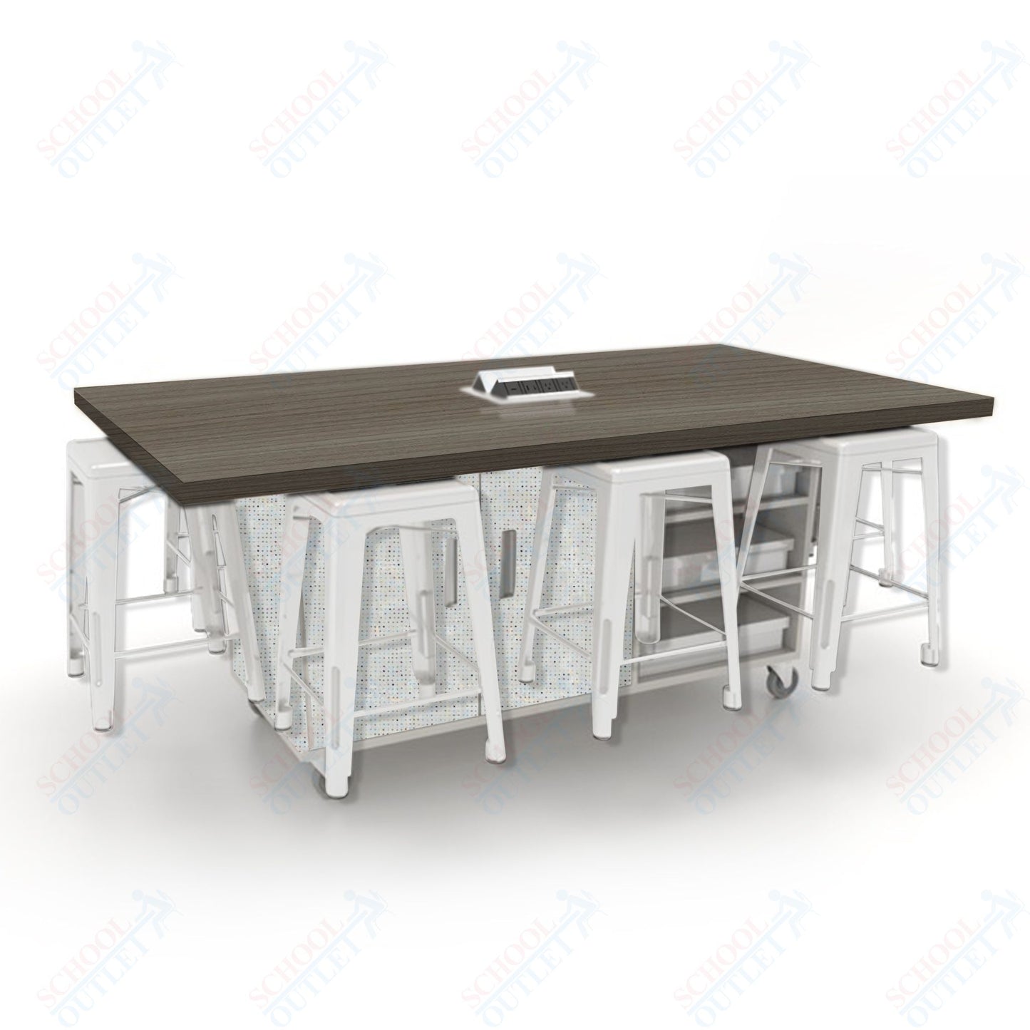 CEF ED8 Table 36"H High Pressure Laminate Top, Laminate Base with  8 Stools, Storage bins, and Electrical Outlets Included.