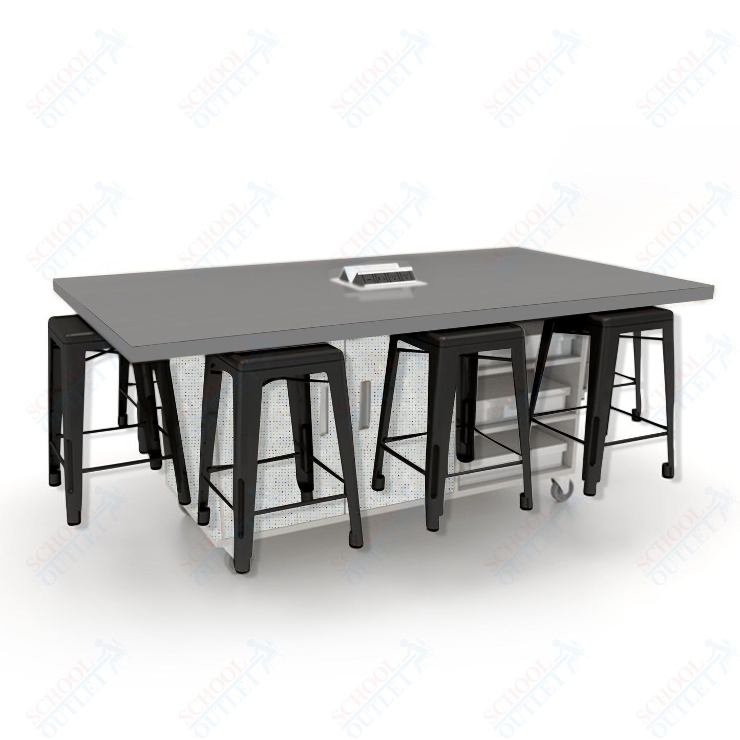 CEF ED8 Table 36"H High Pressure Laminate Top, Laminate Base with  8 Stools, Storage bins, and Electrical Outlets Included.