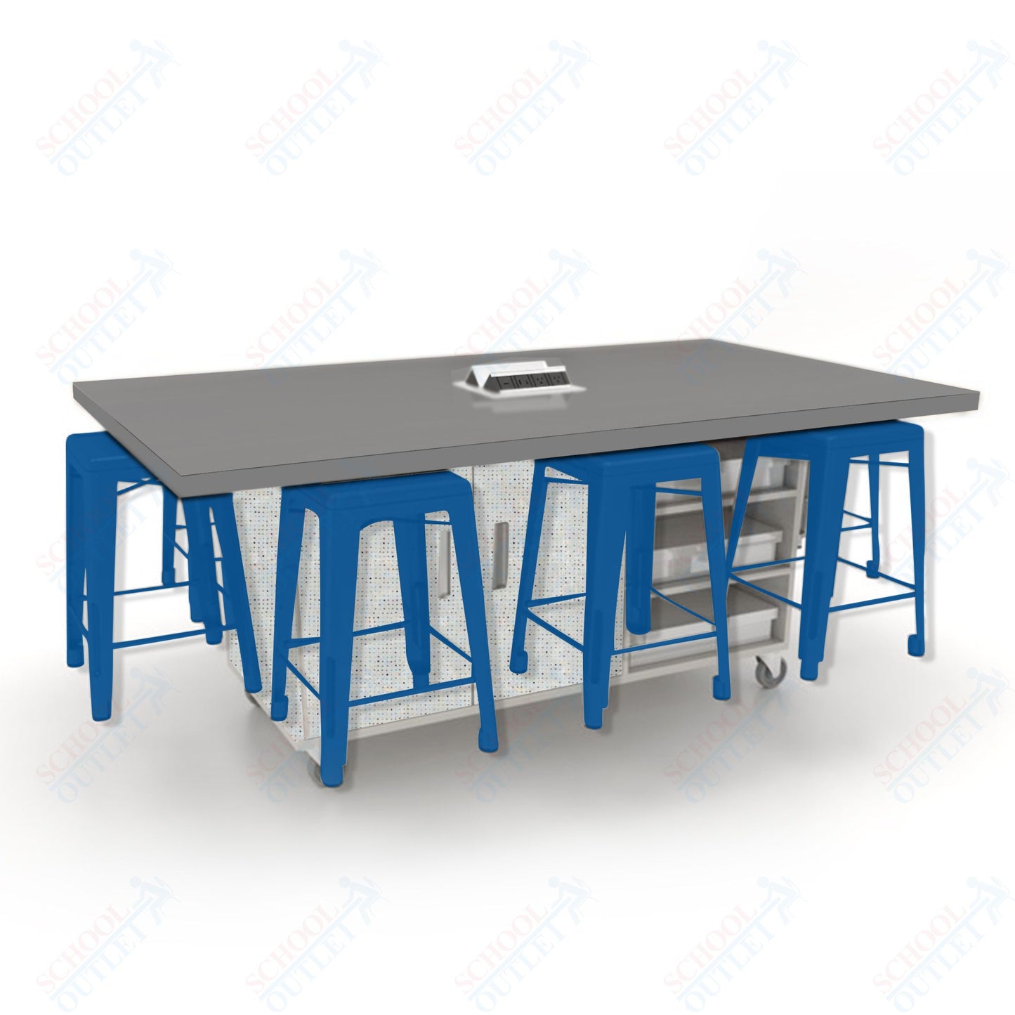 CEF ED8 Table 36"H High Pressure Laminate Top, Laminate Base with  8 Stools, Storage bins, and Electrical Outlets Included.