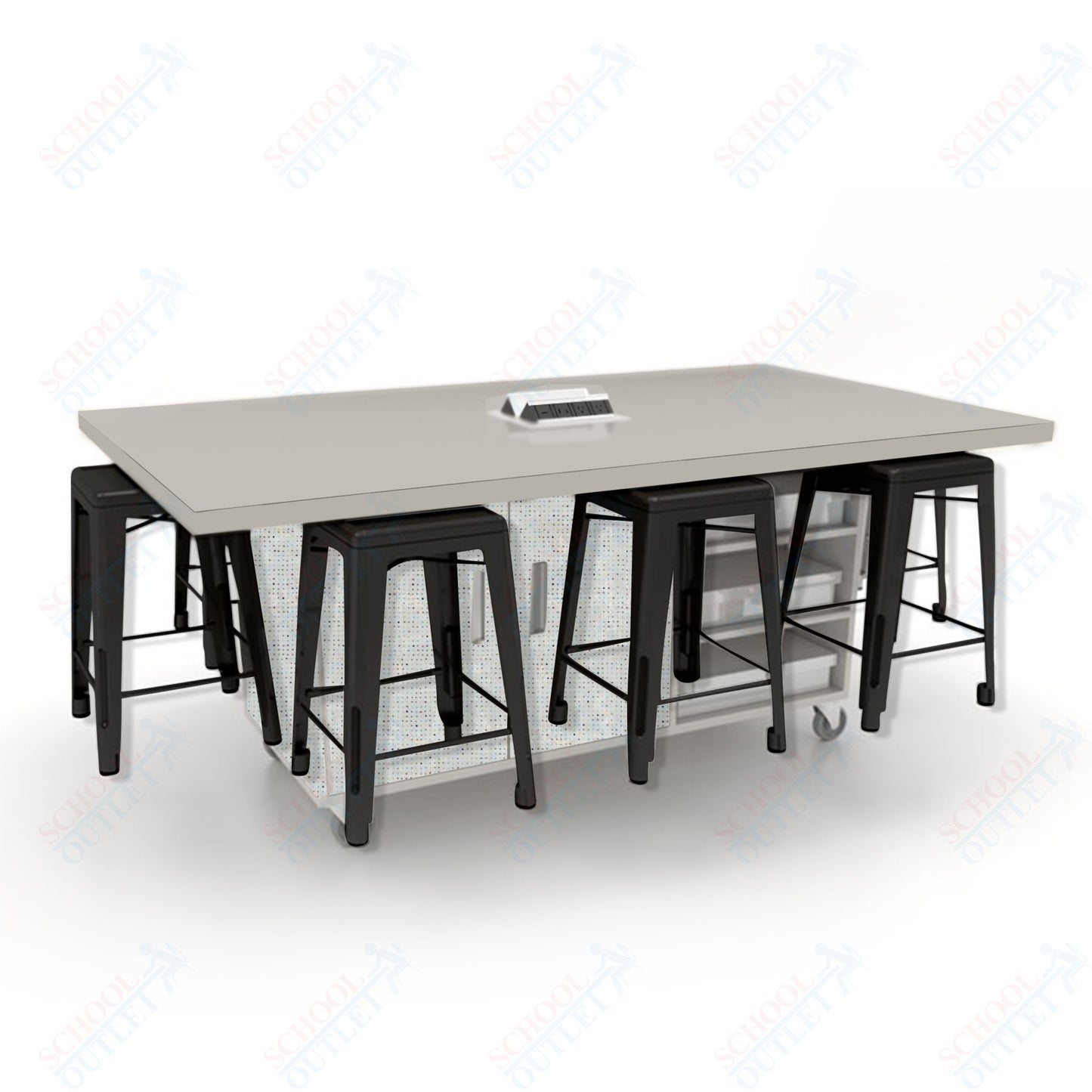 CEF ED8 Table 36"H High Pressure Laminate Top, Laminate Base with  8 Stools, Storage bins, and Electrical Outlets Included.