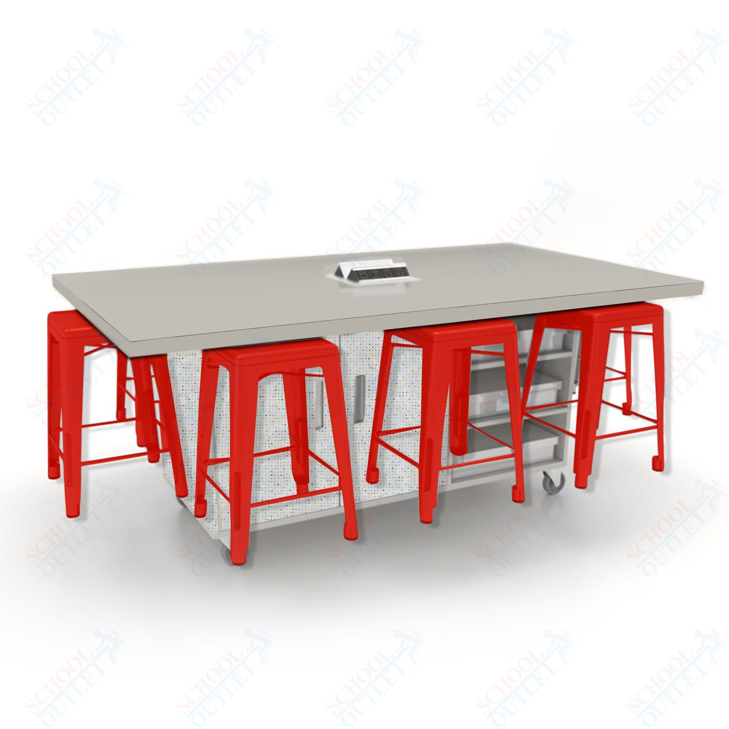 CEF ED8 Table 36"H High Pressure Laminate Top, Laminate Base with  8 Stools, Storage bins, and Electrical Outlets Included.