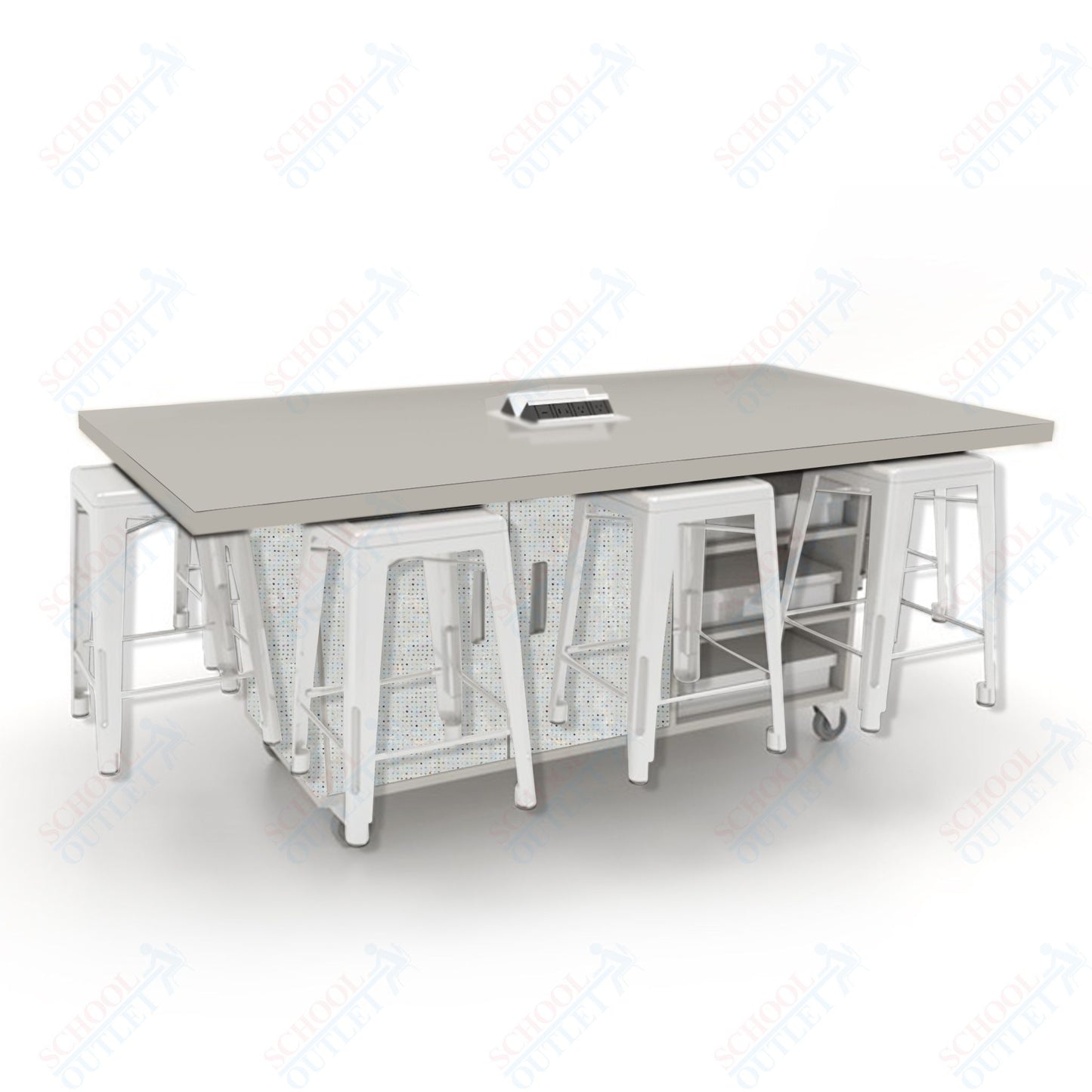 CEF ED8 Table 36"H High Pressure Laminate Top, Laminate Base with  8 Stools, Storage bins, and Electrical Outlets Included.