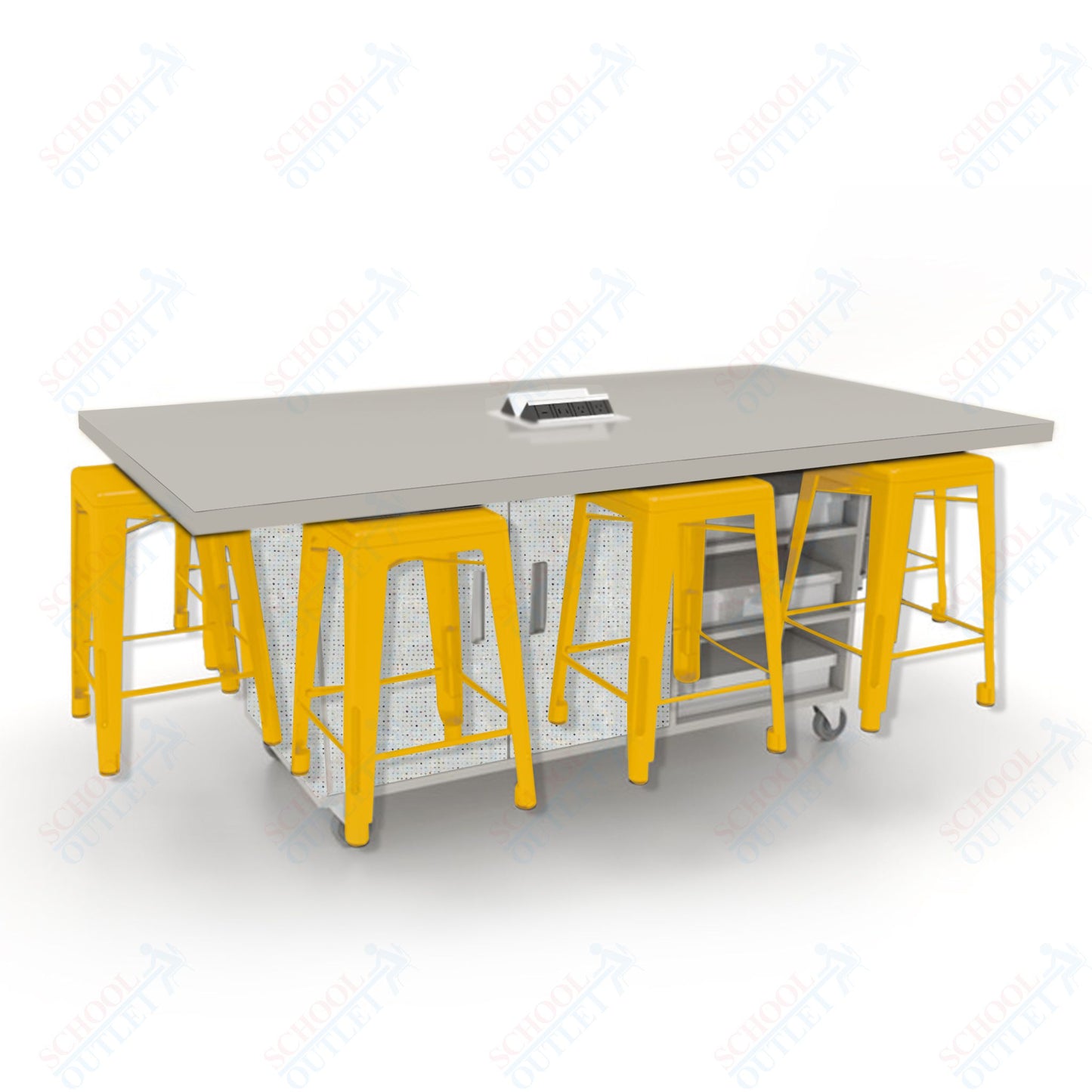 CEF ED8 Table 36"H High Pressure Laminate Top, Laminate Base with  8 Stools, Storage bins, and Electrical Outlets Included.