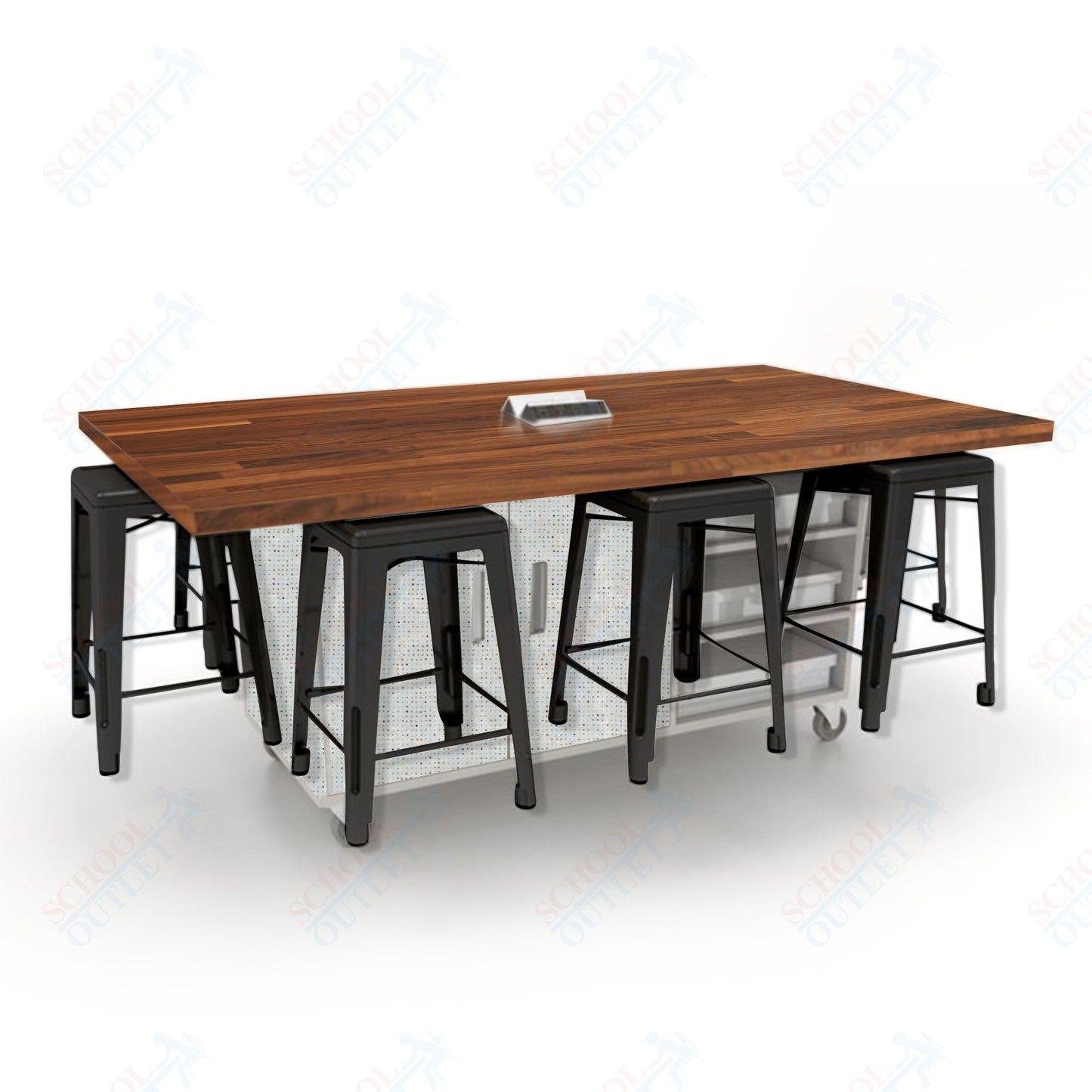 CEF ED8 Table 36"H Butcher Block Top, Laminate Base with  8 Stools, Storage bins, and Electrical Outlets Included.