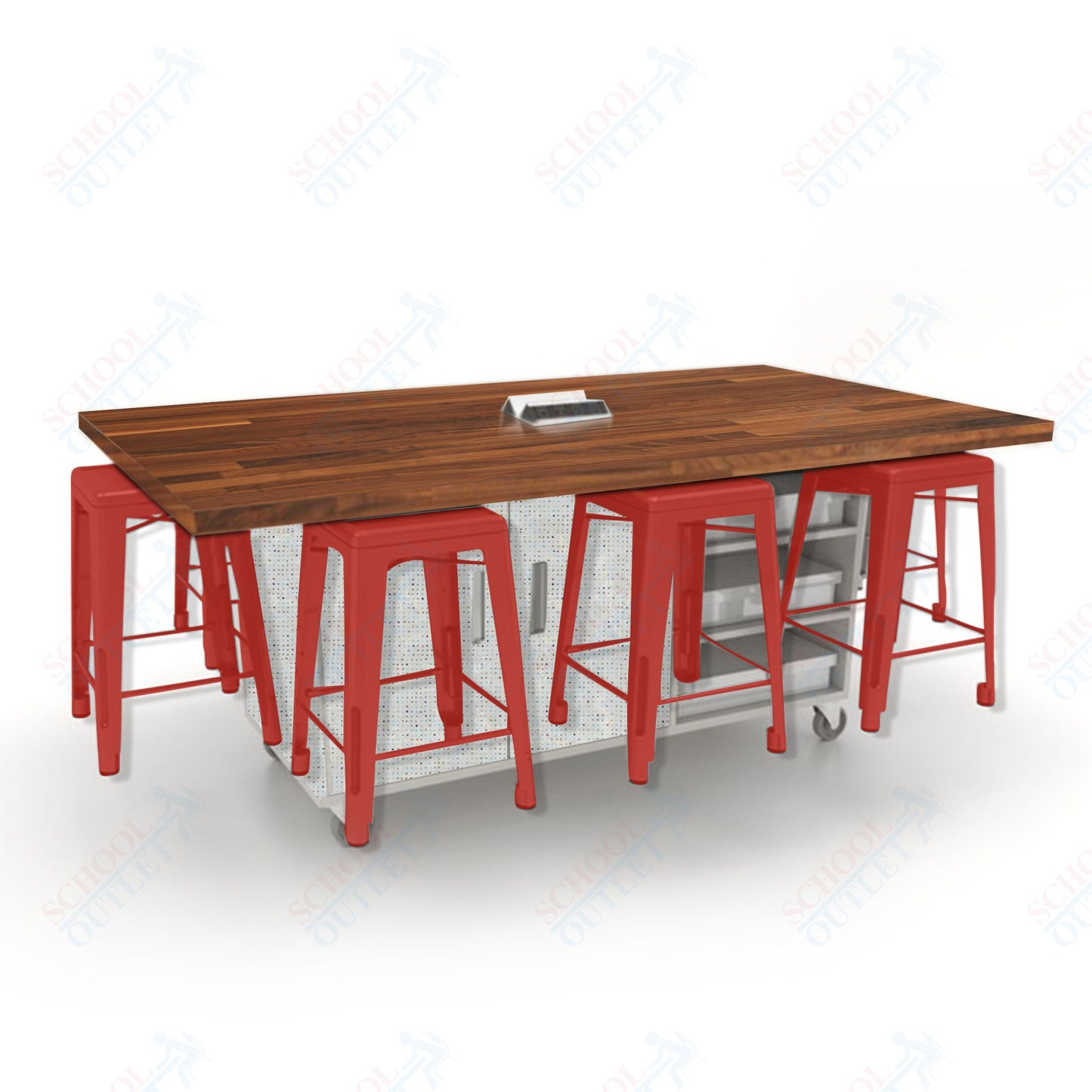 CEF ED8 Table 36"H Butcher Block Top, Laminate Base with  8 Stools, Storage bins, and Electrical Outlets Included.