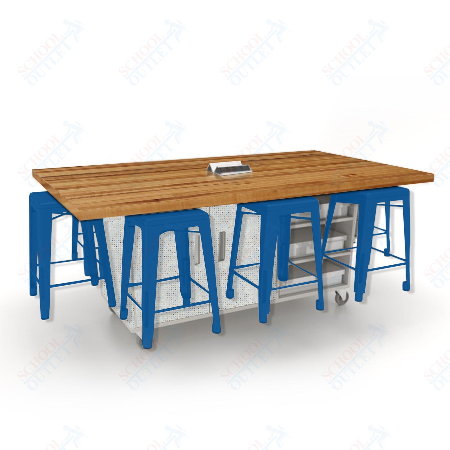 CEF ED8 Table 36"H Butcher Block Top, Laminate Base with  8 Stools, Storage bins, and Electrical Outlets Included.