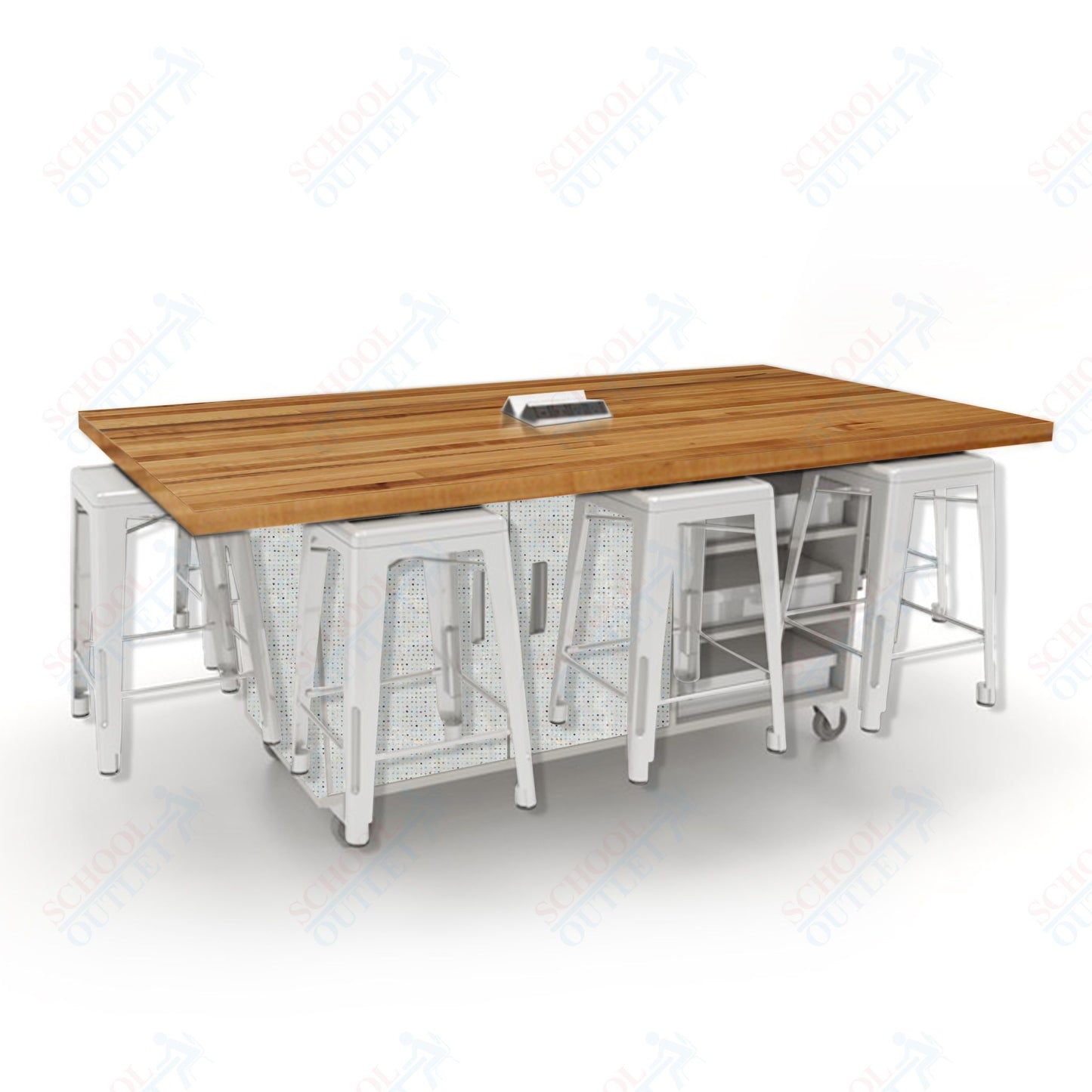 CEF ED8 Table 36"H Butcher Block Top, Laminate Base with  8 Stools, Storage bins, and Electrical Outlets Included.